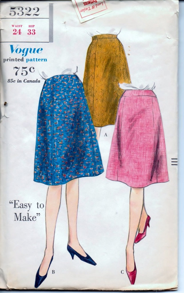 Vintage 1960's Vogue 5322 Ladies Gored Skirt Sewing Pattern - Waist 24 - Retro Fashion DIY Project for Parties & Costume Events