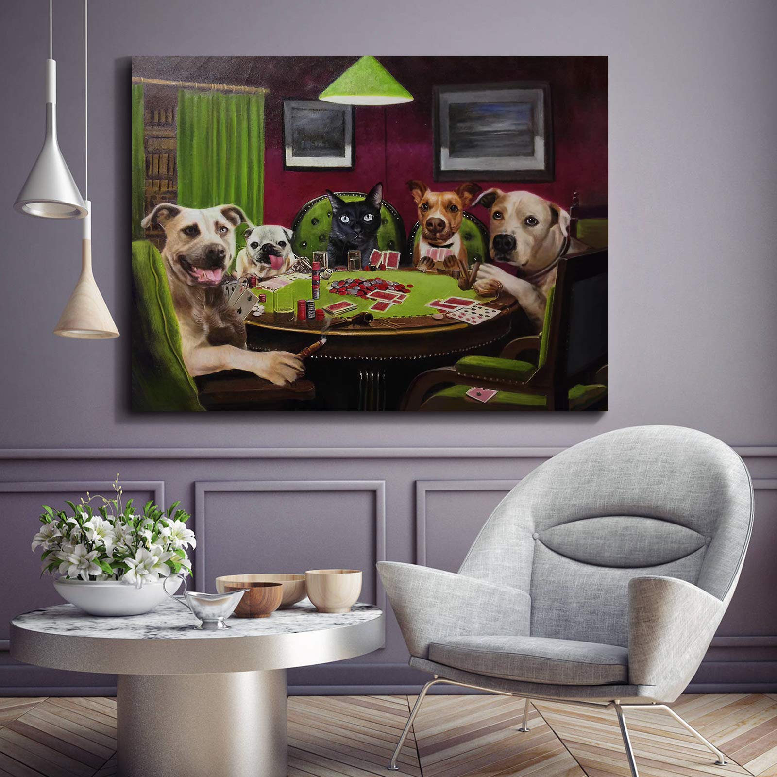 Denozer - Dogs Playing Poker by Cassius Marcellus Coolidge - Premium Oil Painting Reproduction on Gallery Wrapped Canvas - 40x30 Inches - Ready to Hang Wall Art for Living Room, Game Room & Man Cave Decor
