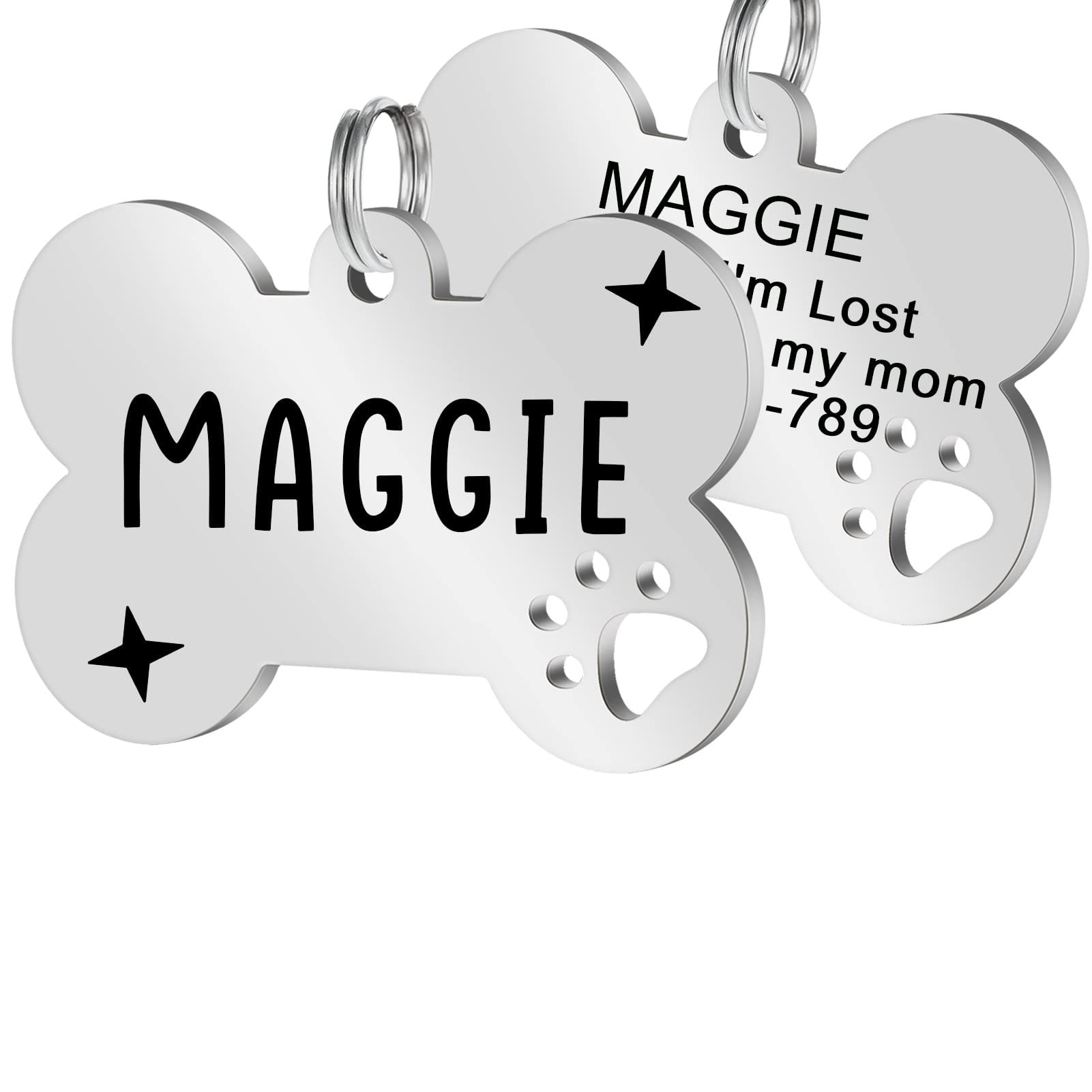 2 Pack Custom Engraved Stainless Steel Dog ID Tags - Personalized Bone & Paw Shape Pet Tags with Name, Address & Phone - Medium Silver - Perfect for Dogs, Cats & Travel Safety