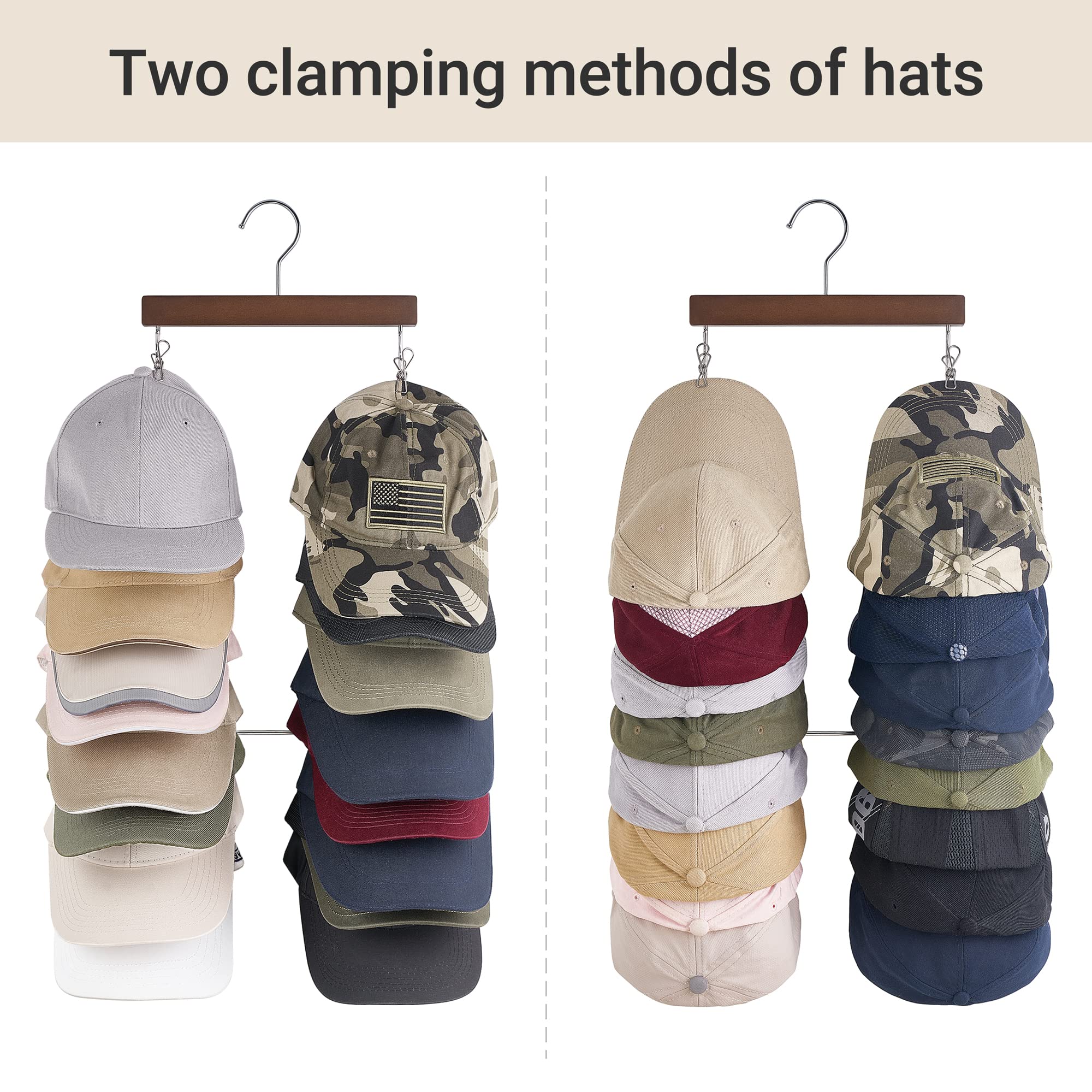 Dahey Wooden Hat Organizer Set of 2 - 32 Stainless Steel Clips Baseball Cap Holder for Closet Storage | Space Saving Door Hanger for Caps, Hats & Accessories | Perfect for Bedroom, Closet & Dorm Organization