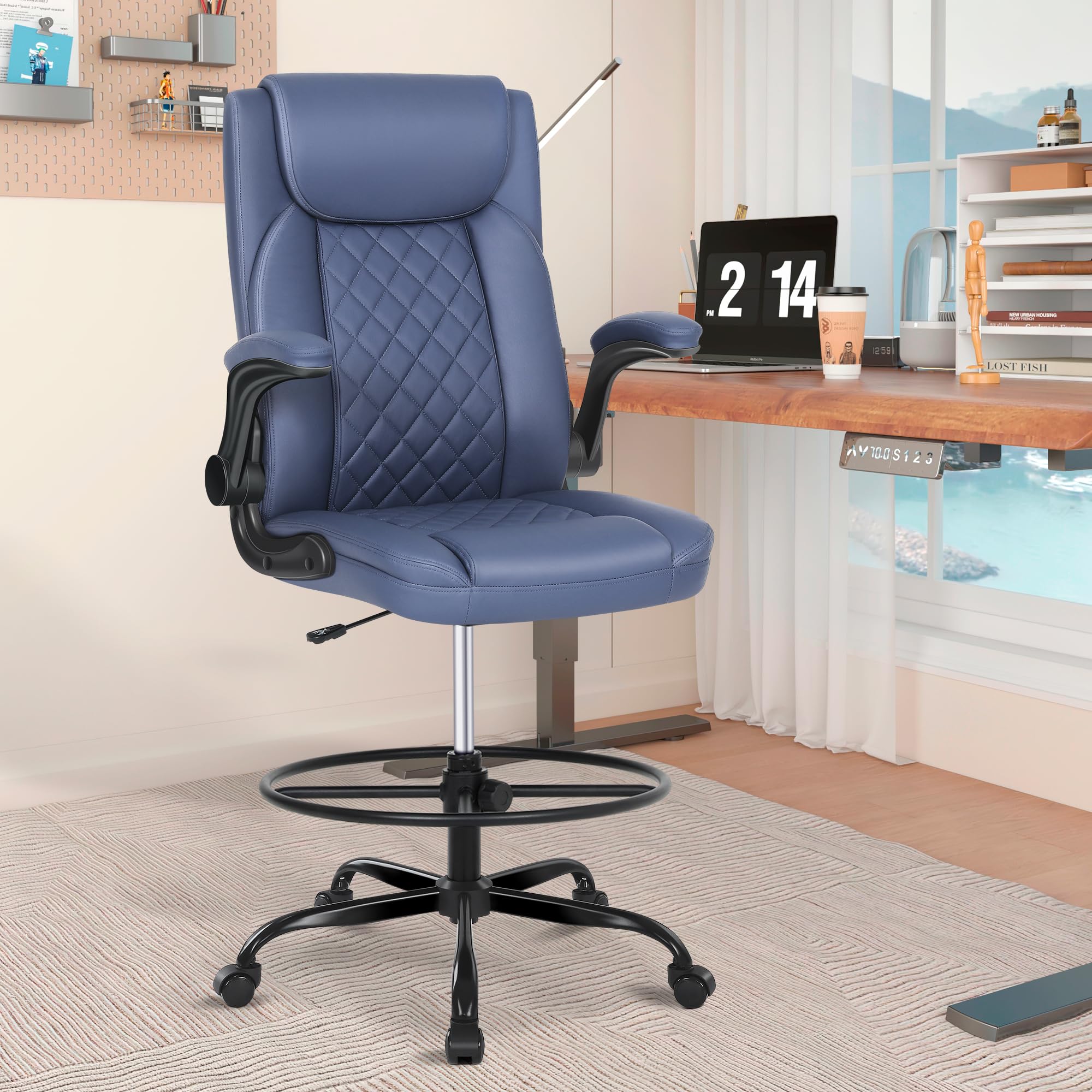 Premium Misolant Leather Drafting Chair - Adjustable Height Tall Office Chair with Flip-Up Armrests for Standing & Counter Height Desks - Ergonomic Design for Architects, Artists & Home Office Workspaces