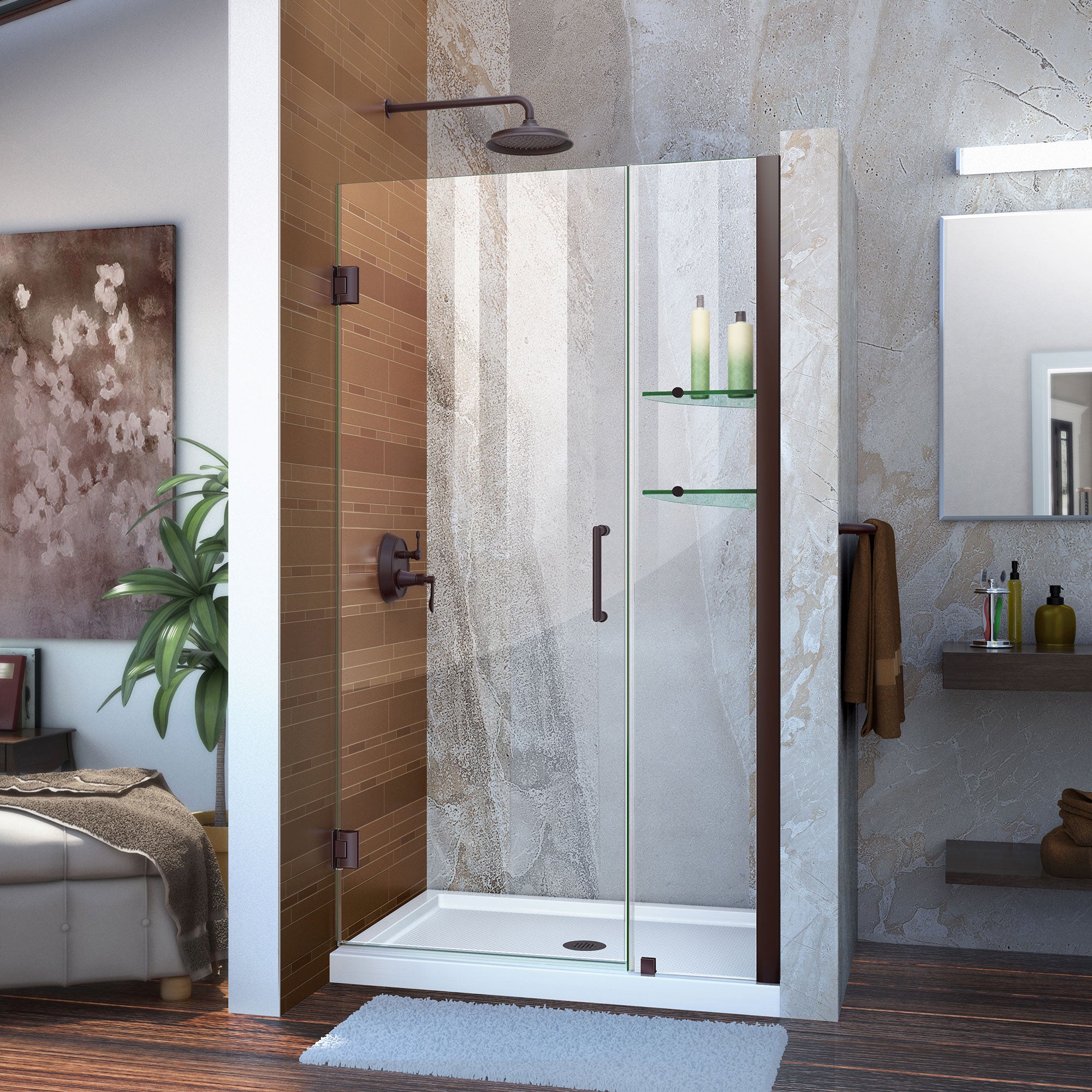 DreamLine Unidoor 36-37 Inch W x 72 Inch H Frameless Hinged Shower Door with Built-in Shelves - Clear Tempered Glass for Bathroom & Walk-in Shower - Modern & Space-Saving Design