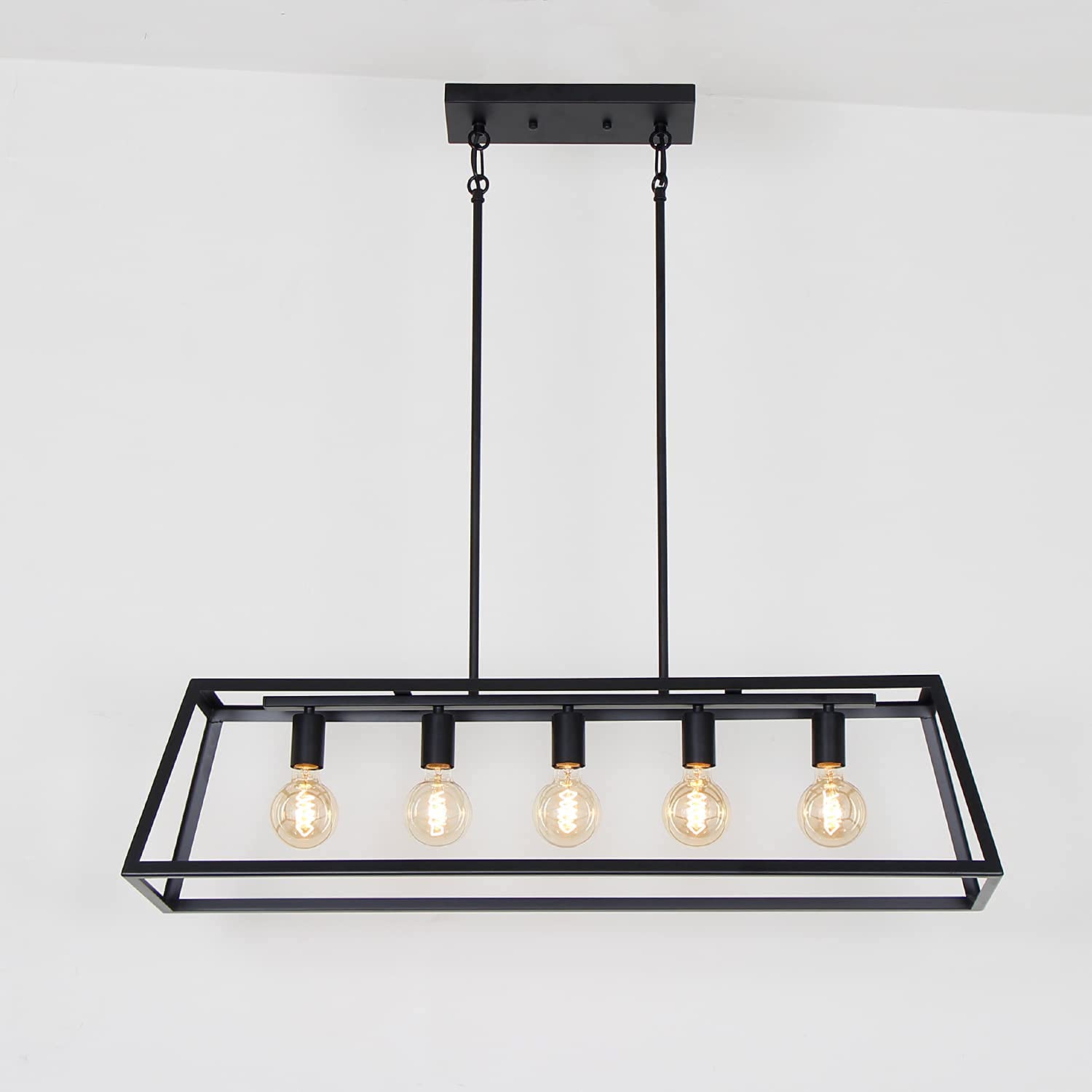 Modern Farmhouse Linear Pendant Light - 5-Light Black Industrial Rectangular Chandelier (38-Inch) for Kitchen Island, Dining Room, Living Room & Foyer - Perfect for Rustic Home Decor & Bar Lighting