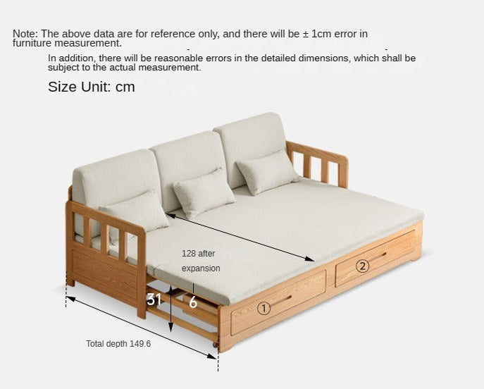 Solid Oak Wood Sofa Bed with Folding & Retractable Storage | Convertible Sleeper for Small Spaces, Guest Rooms & Apartments