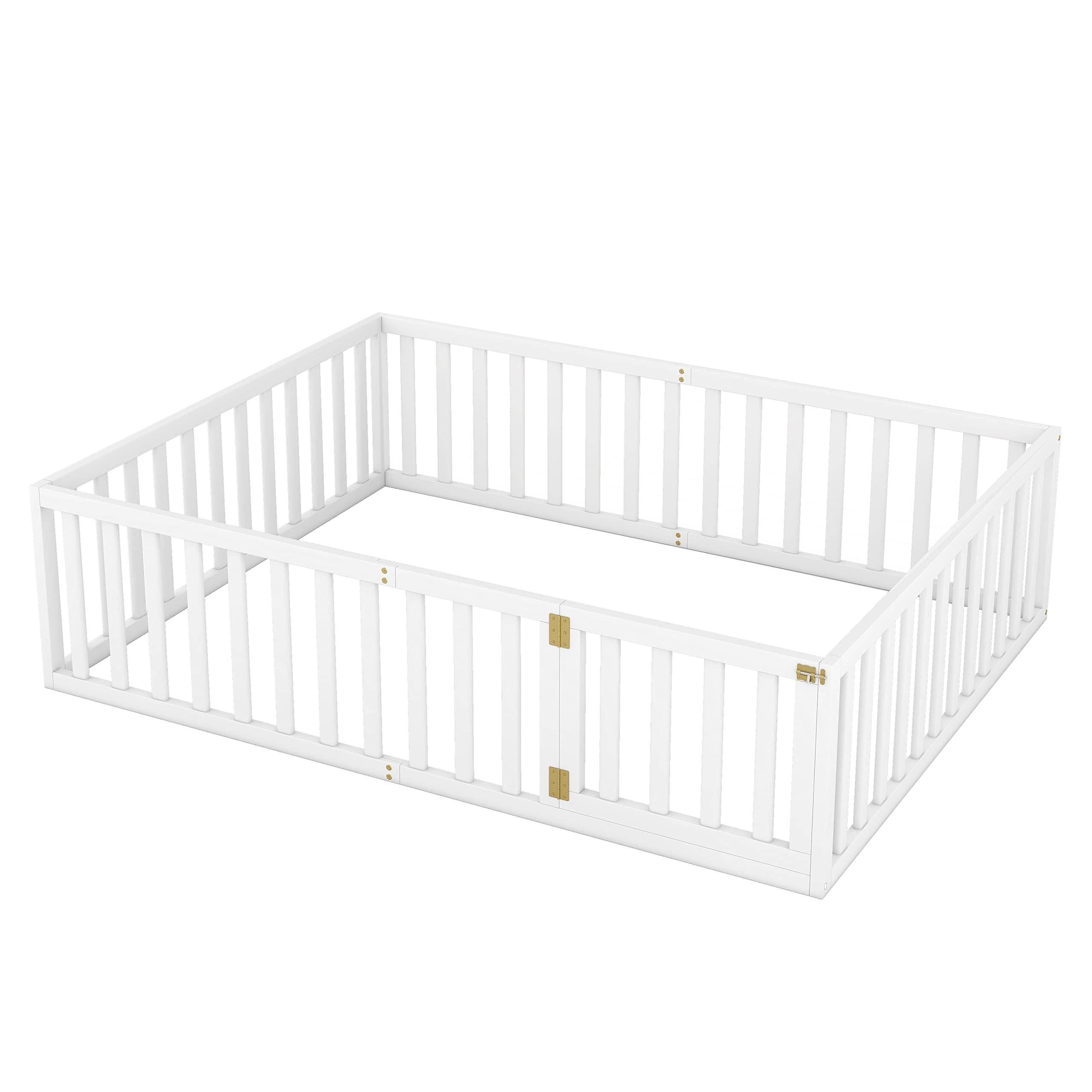 LZ LEISURE ZONE Queen Size Platform Bed with Fence - Solid Wood Floor Bed Frame with Door - Sturdy Queen Daybed Frame in White - Perfect for Guest Rooms, Dorms & Small Space Living