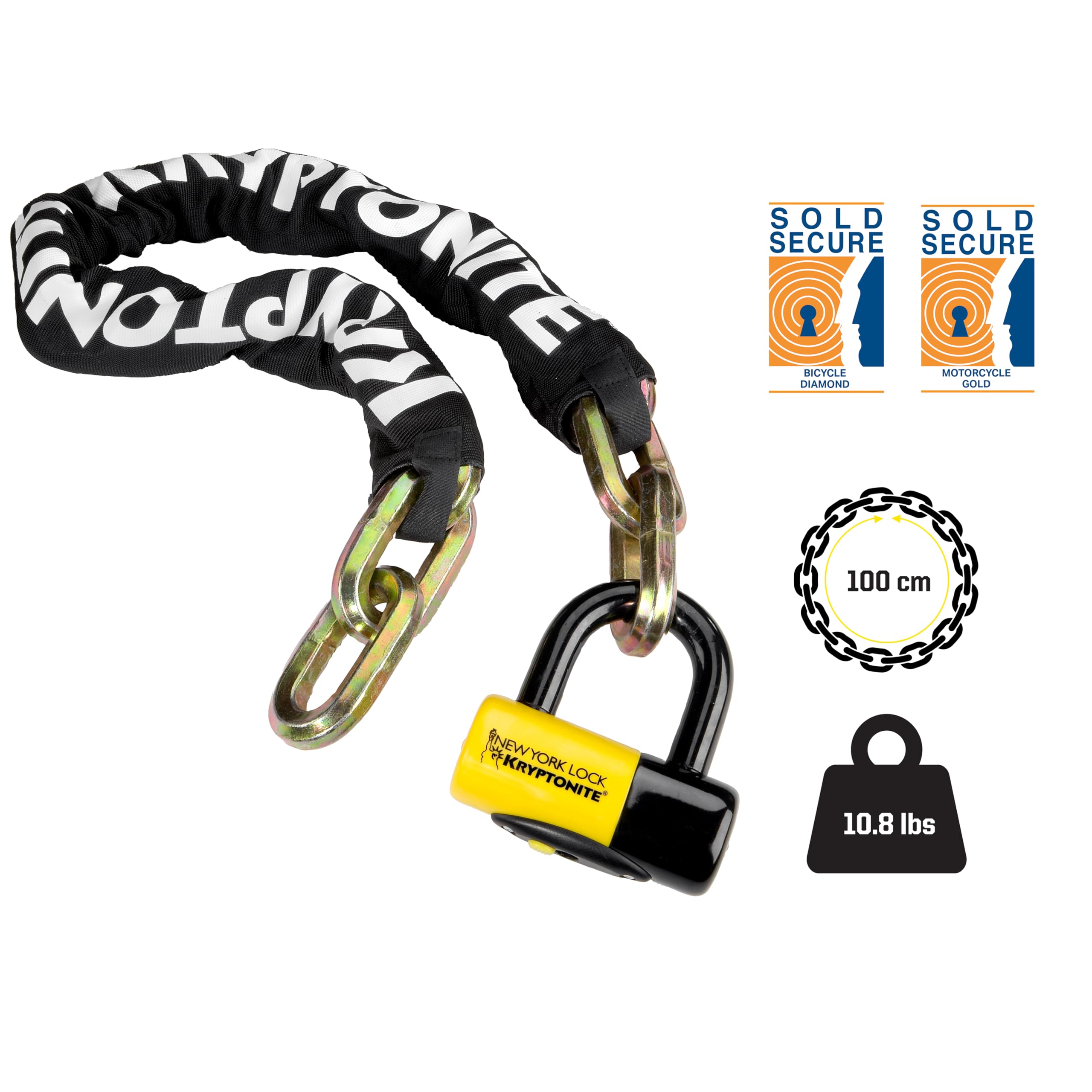 Kryptonite New York FAHGETTABOUDIT 1410 Heavy Duty 14mm Steel Chain Bike Lock - 3.28ft Anti-Theft Bicycle Lock with Keys for E-Bike, Motorcycle & Scooter - 10/10 Security Rating - Perfect for Urban Commuting & Outdoor Cycling