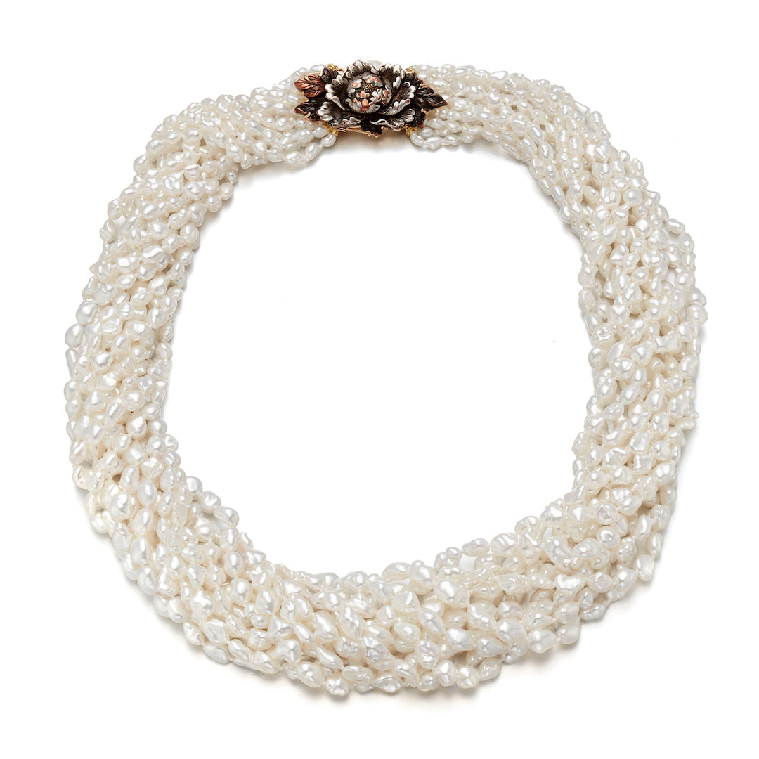 Luxury South Sea Keshi Pearl Twist Necklace with Vintage Peony Menuki - Elegant Jewelry for Women, Perfect for Weddings, Parties & Special Occasions