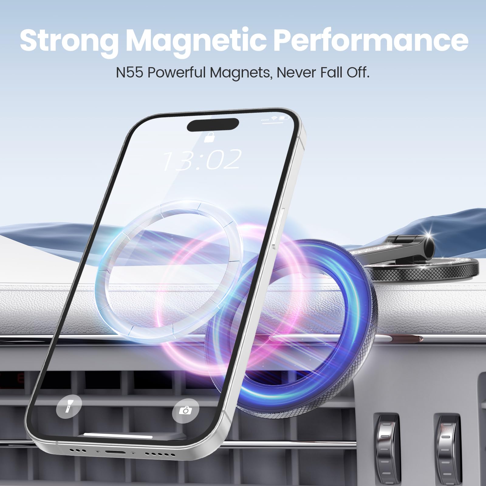 Premium MagSafe Car Mount - Strong Magnetic Phone Holder for Dashboard & Tesla Screen | Aluminum Alloy Design (Glitter Black) | Perfect for Hands-Free Driving & GPS Navigation