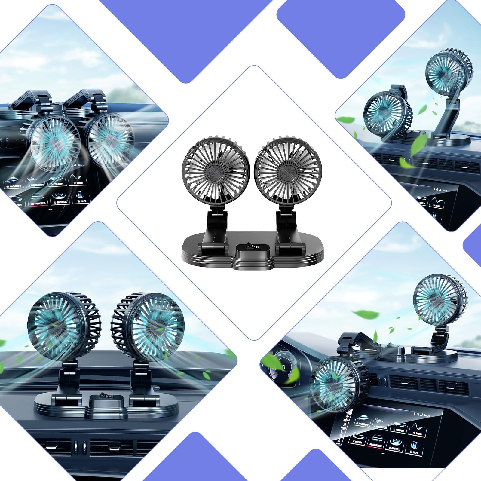 2024 Upgraded Dual Head USB Car Fan - 360° Rotatable Portable Cooling Fan for Dashboard, SUV, RV, Truck, Boat & Home Office | Perfect for Summer Travel, Work & Indoor Use