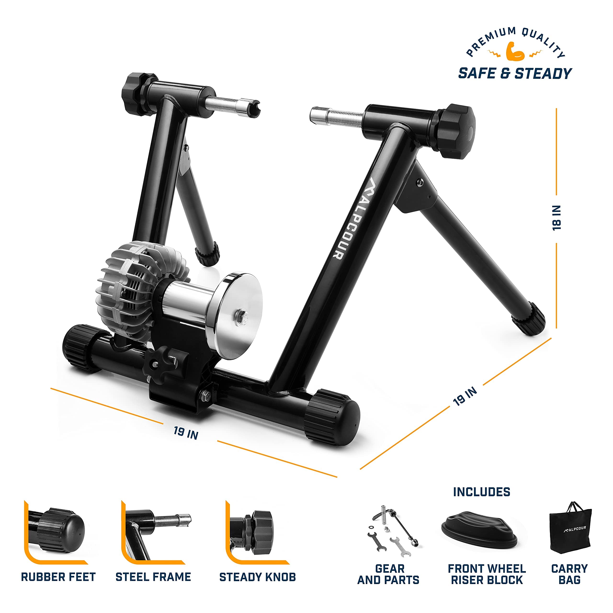 Alpcour Fluid Bike Trainer Stand for Indoor Cycling – Portable Stainless Steel Exercise Bike Stand with Noise Reduction & Progressive Resistance, Dual-Lock System – 36”x78” Multipurpose Bike Trainer Mat for Home Gym, Winter Training & Zwift Workouts