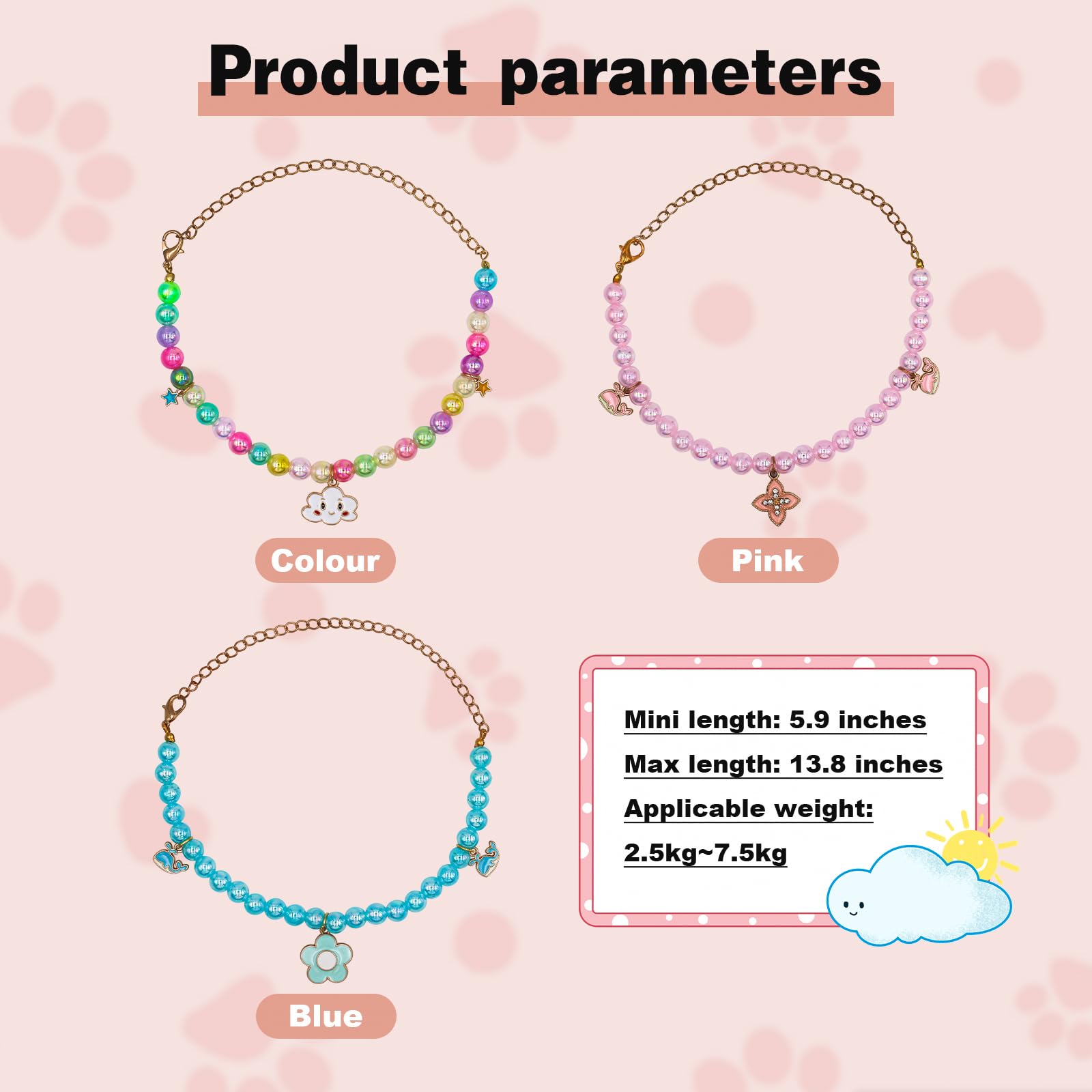 3PCS Handmade Beaded Pet Necklace - Adjustable Dog & Cat Collar with Colorful Beads for Daily Wear & Special Occasions