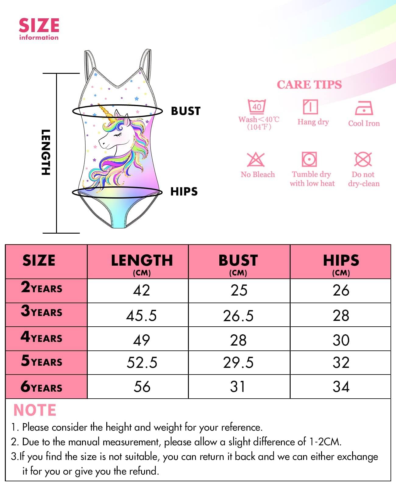 WAWSAM Unicorn Girls One Piece Bathing Suit - Rainbow Swimsuit for Kids & Toddlers | UV Protection Swimwear for Beach, Pool & Summer Water Play