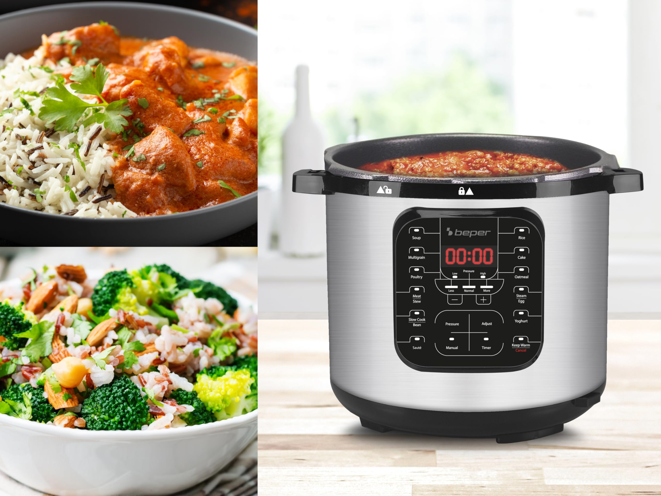 BEPER P101COS001 6L Electric Pressure Cooker with 15 Cooking Programs - Multi-Cooker, Slow Cooker & Steamer, Stainless Steel for Home Kitchen | Perfect for Meal Prep, Soups, Rice & Healthy Cooking
