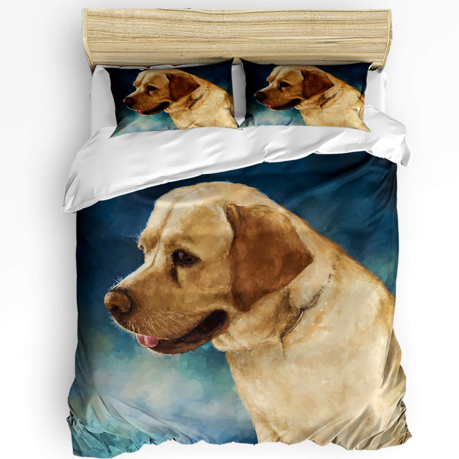 Golden Retriever Dog Pattern 3-Piece Queen Duvet Cover Set with 2 Pillowcases - Oil Painting Blue Design for Kids, Teens & Adults - Soft Bedspread for Cozy Bedrooms & Dog Lover Gifts