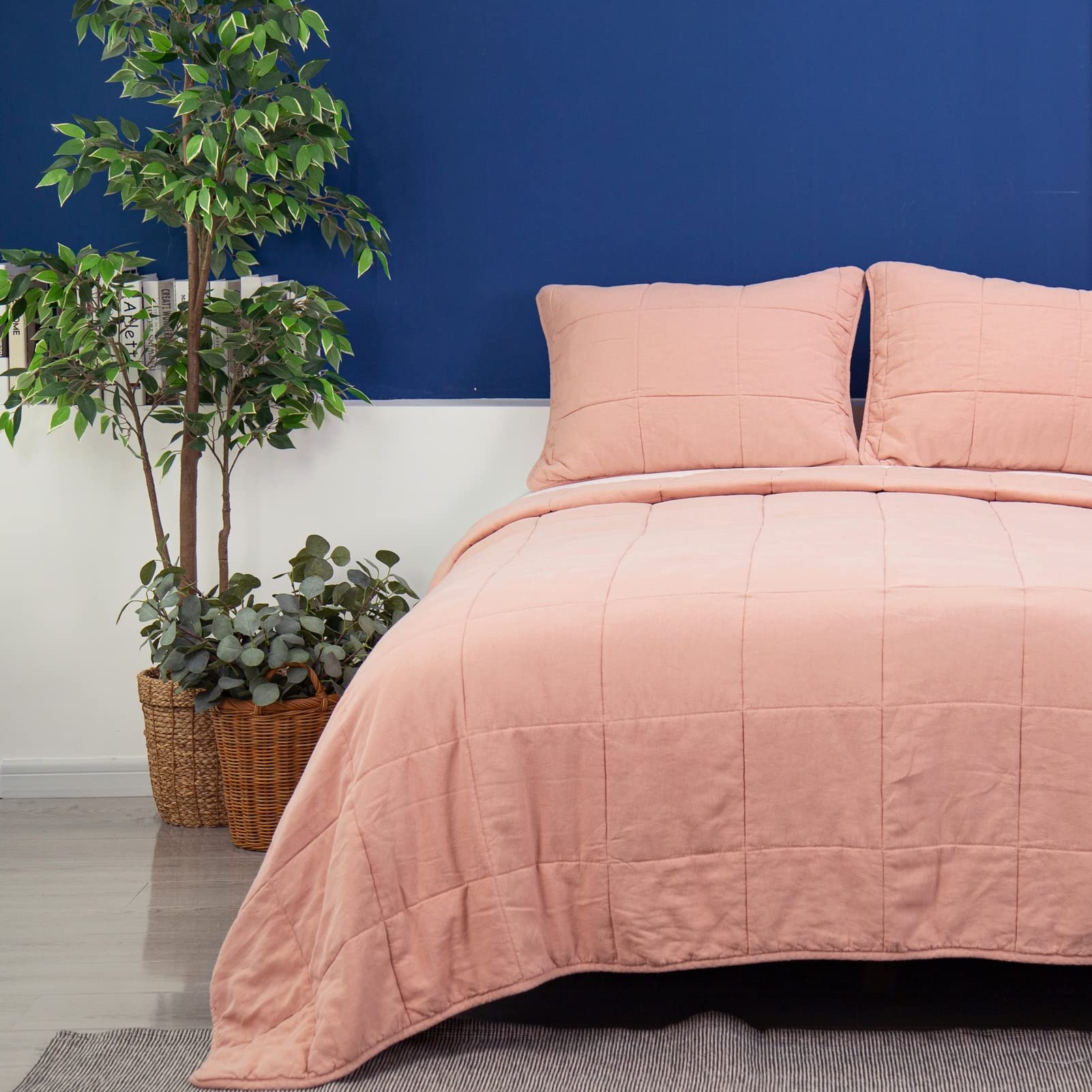 Meadow Park Stonewashed Linen Blend Box Stitch Quilt Set with Matching Pillow Shams - 3 Piece Queen Size Bedding Set in Blush Pink | Soft & Breathable for All-Season Comfort - Perfect for Master Bedroom, Guest Room, or Cozy Cottage Retreat