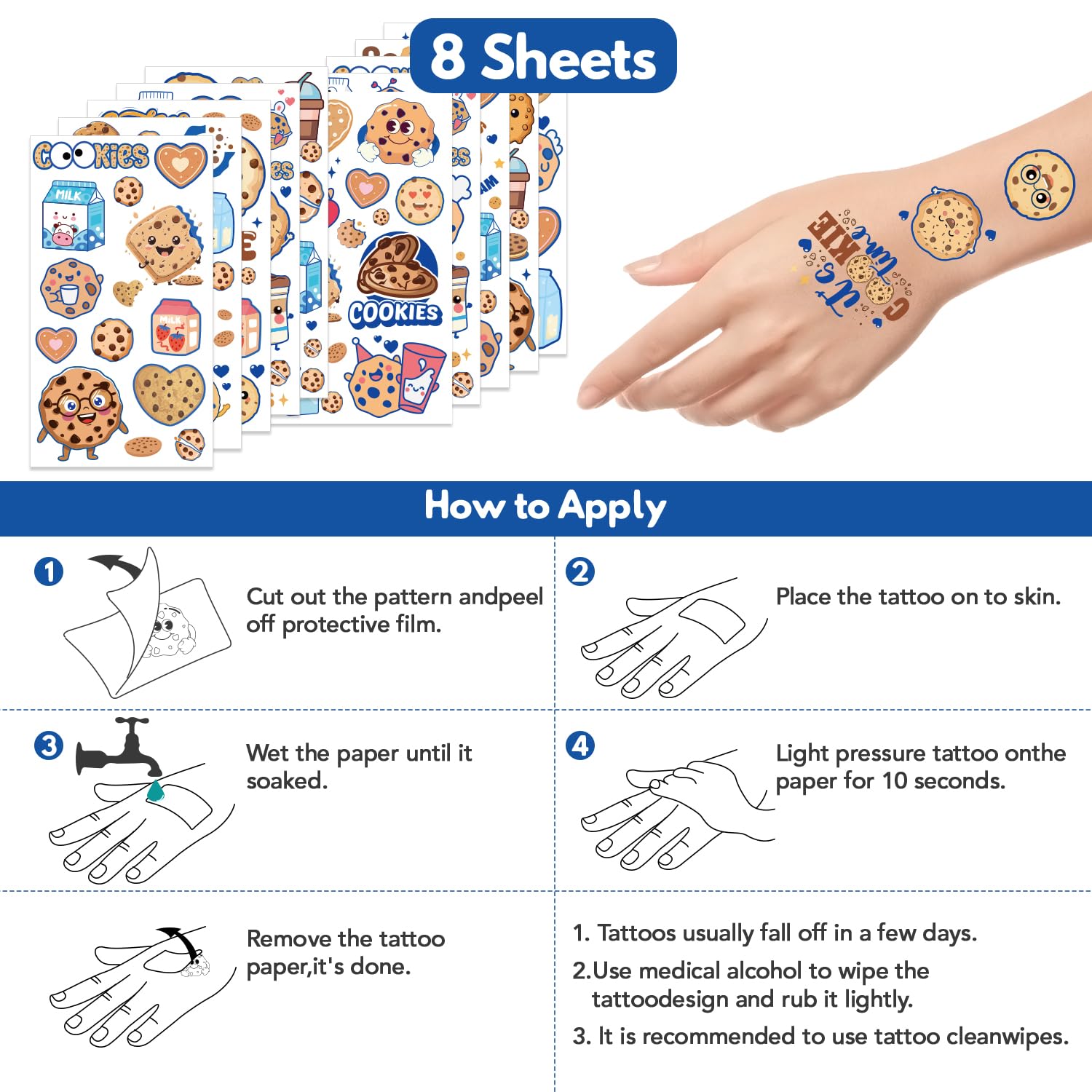 Sweet Cookie Temporary Tattoos - 20 Sheets 280 Pcs for Kids Birthday Party Decorations & Favors