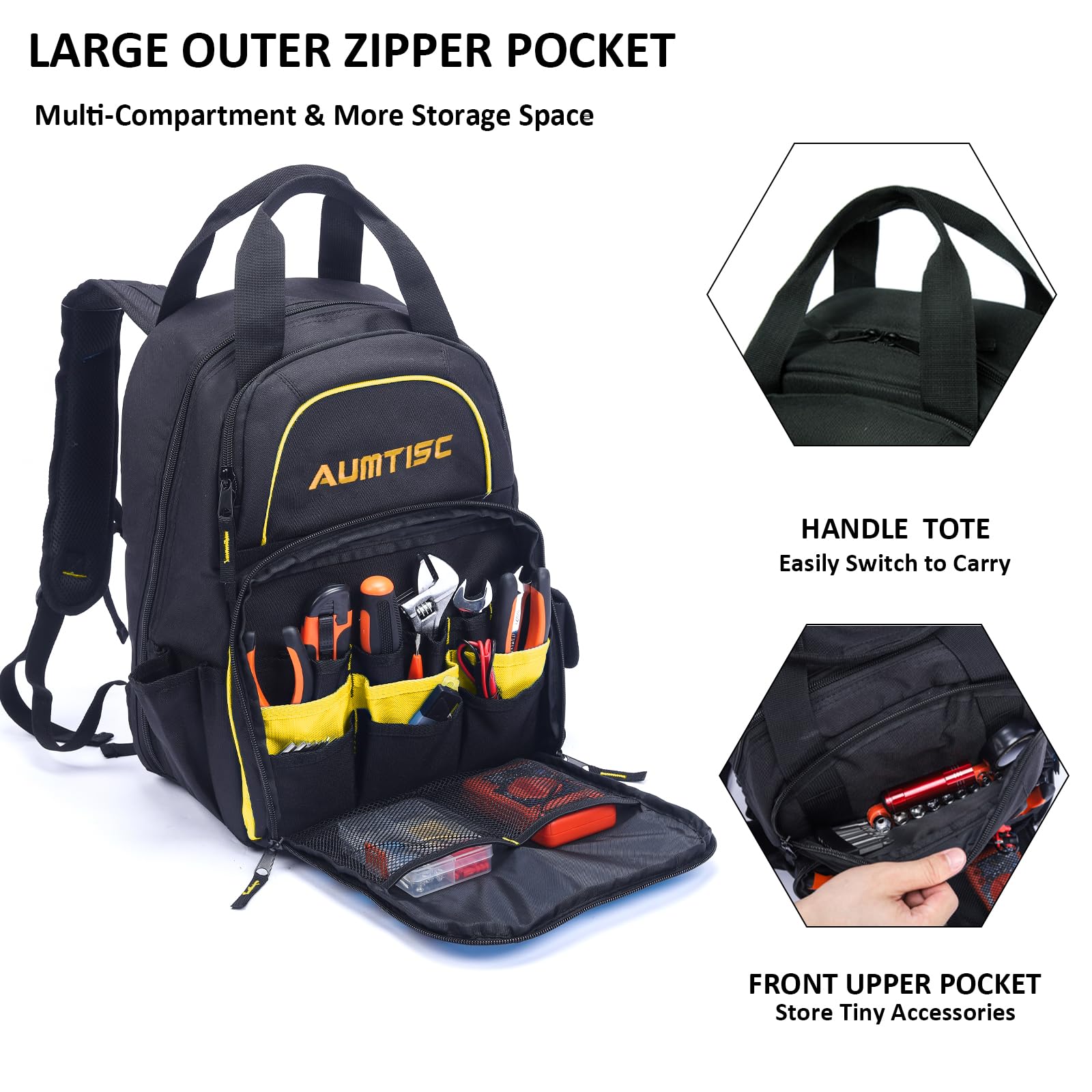 Heavy-Duty Tool Backpack for Men - AUMTISC Construction Work Bag with Multiple Pockets for Electricians, HVAC Techs & Repairmen | Durable Yellow Tool Storage Organizer | Perfect for Job Sites, Industrial Work & Home Repairs