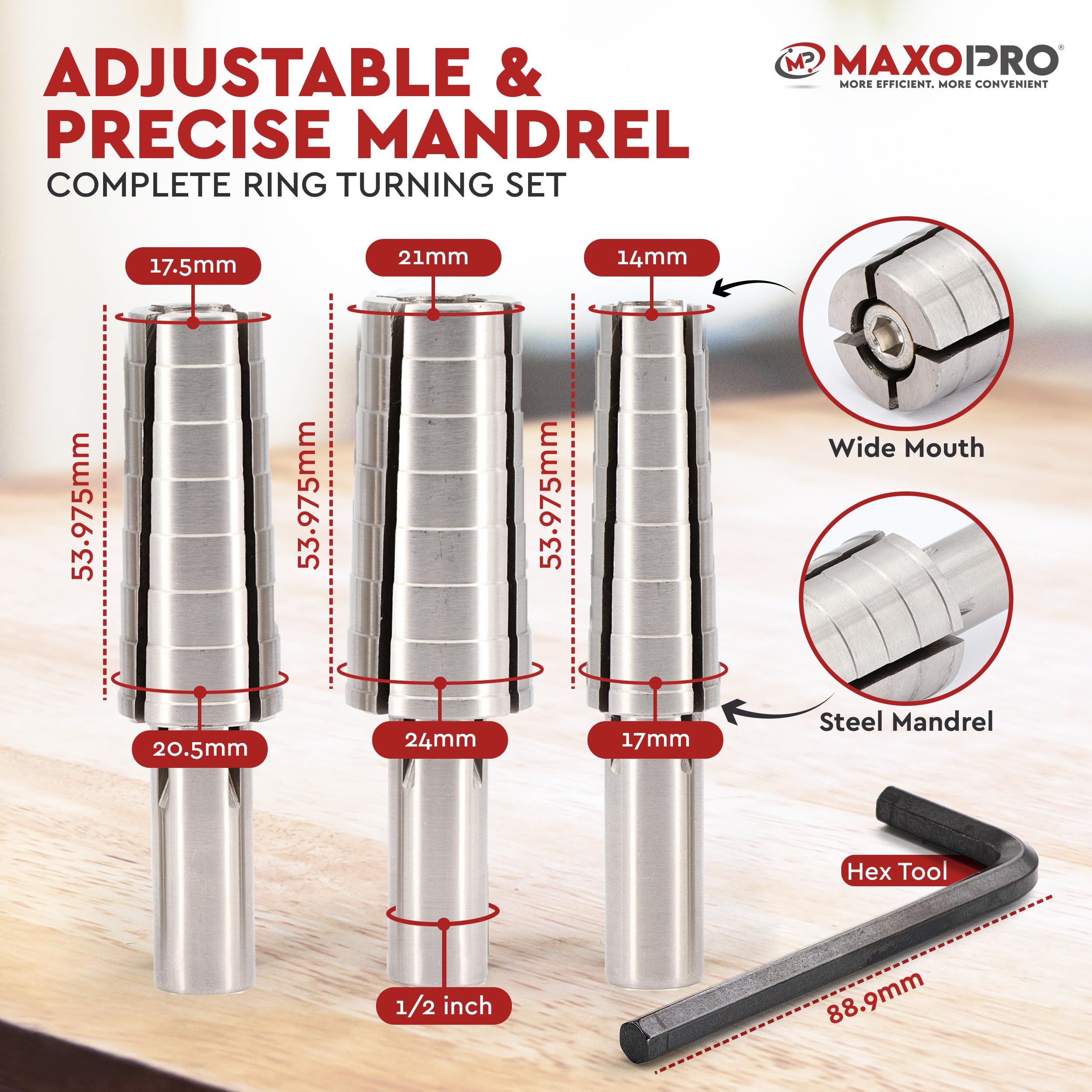 Premium Stainless Steel Expanding Ring Mandrel Set of 3 with Hex Allen Key - Heavy Duty Ring Shaper Tool for Jewelry Making (Sizes 4-14) - Perfect for Ring Turning, Metal Forming & DIY Jewelry Crafting - by MaxoPro
