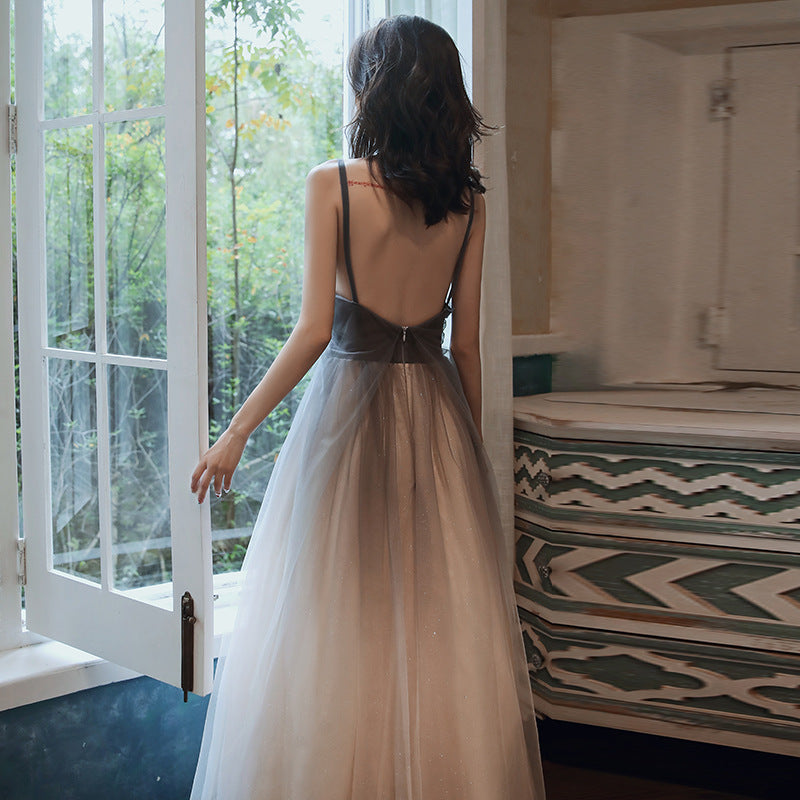 Elegant Gray Gradient Tulle Spaghetti Strap Prom Dress - Backless Long Evening Gown for Formal Events & Special Occasions | Perfect for Homecoming, Prom Night & Wedding Parties