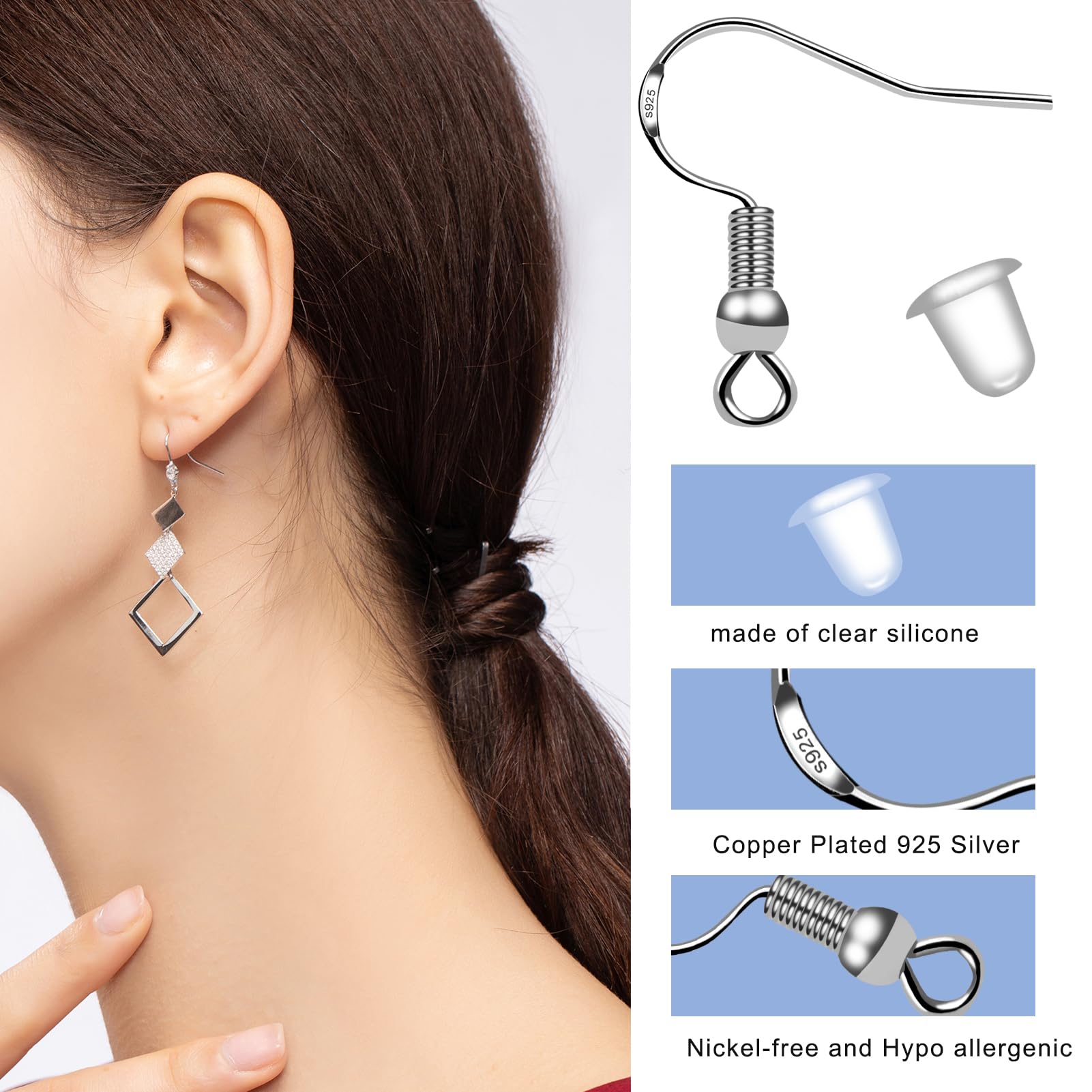 150 PCS 925 Sterling Silver Earring Hooks - 75 Pairs Fish Hook Ear Wires, French Wire Hooks for DIY Jewelry Making | Hypoallergenic Earring Findings with 150 Clear Rubber Safety Backs | Perfect for Handmade Earrings, Gifts & Craft Projects