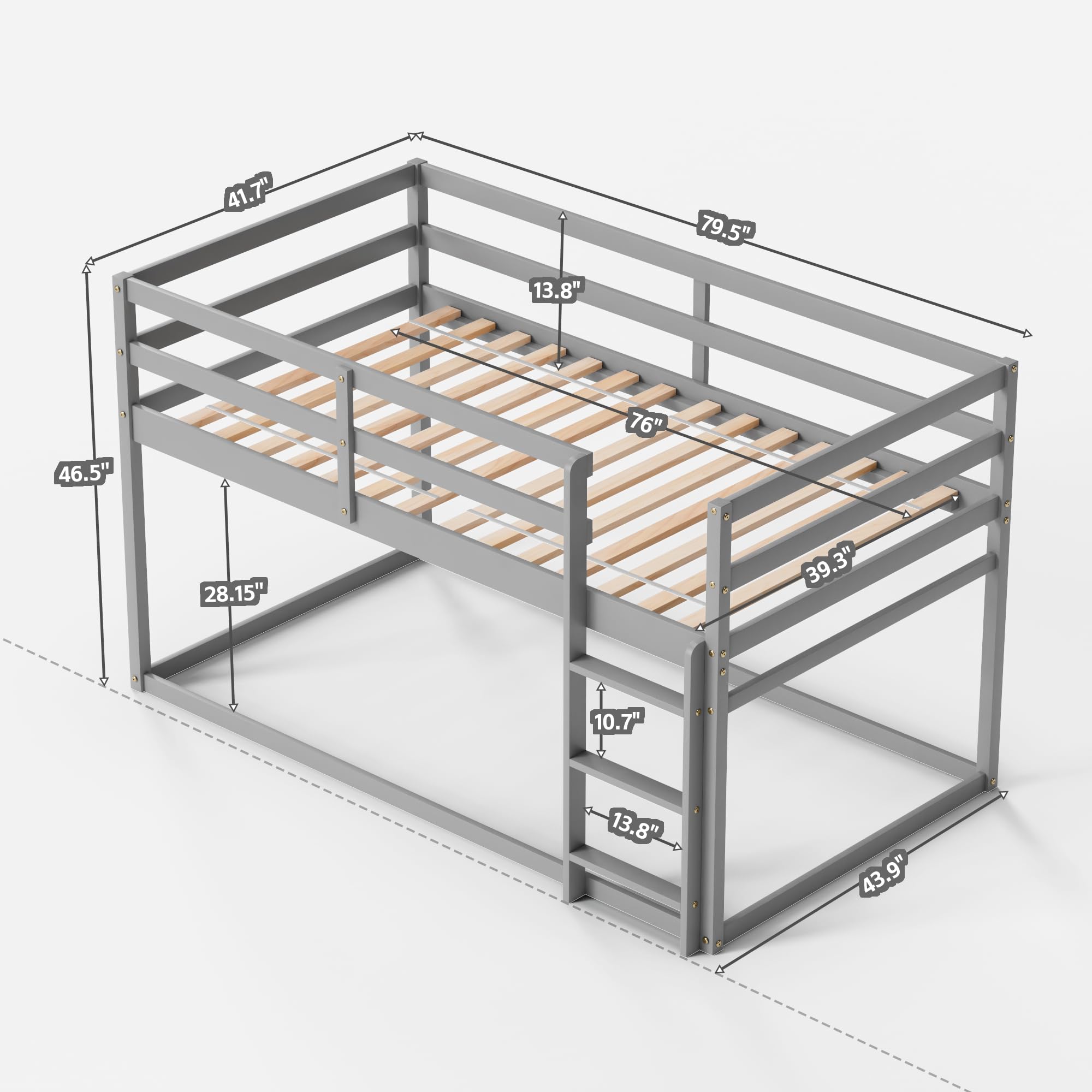 Low Bunk Bed Twin Over Twin with Ladder & Full Guardrails - Sturdy Wooden Junior Bunk Bed for Boys, Girls & Kids - Space-Saving Bedroom Furniture (Grey) - Perfect for Small Rooms, Shared Kids' Bedrooms & Sleepovers