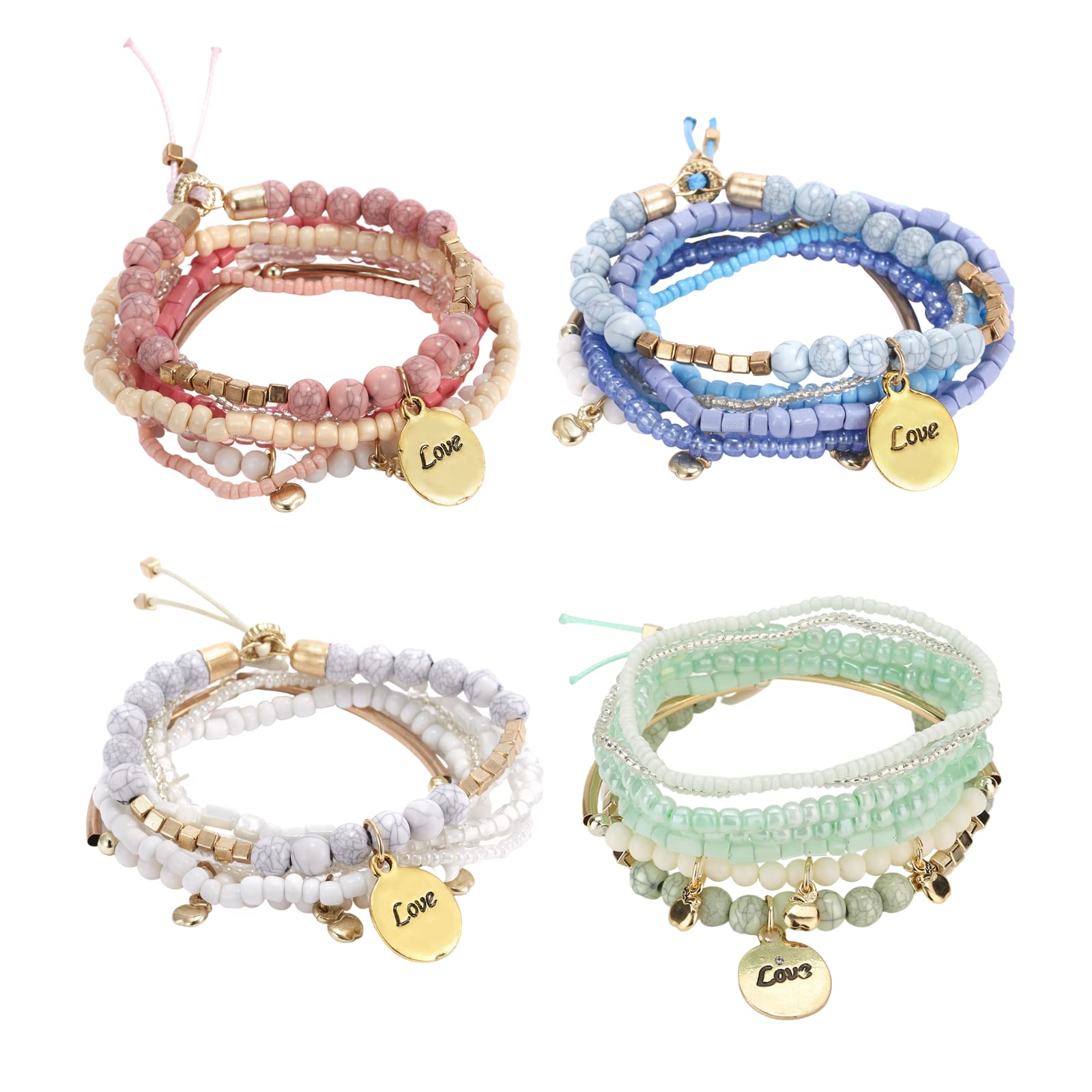 Boho Stackable Beaded Stretch Bracelets Set - Handmade Multilayer Crystal Beaded Bangles with Love Charms for Women | Perfect for Festival, Boho Chic Outfits & Layered Arm Candy