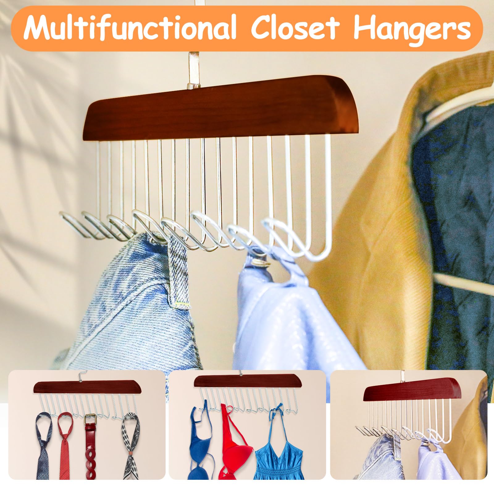 2-Pack Anti-Slip Multi Hook Coat Racks with 8 Swivel Hooks - 360° Rotating Closet Organizer for Belts, Ties, Bras, Scarves & Tank Tops - Space Saving Hanger for Wardrobe, Closet & Bathroom Organization (Brown)