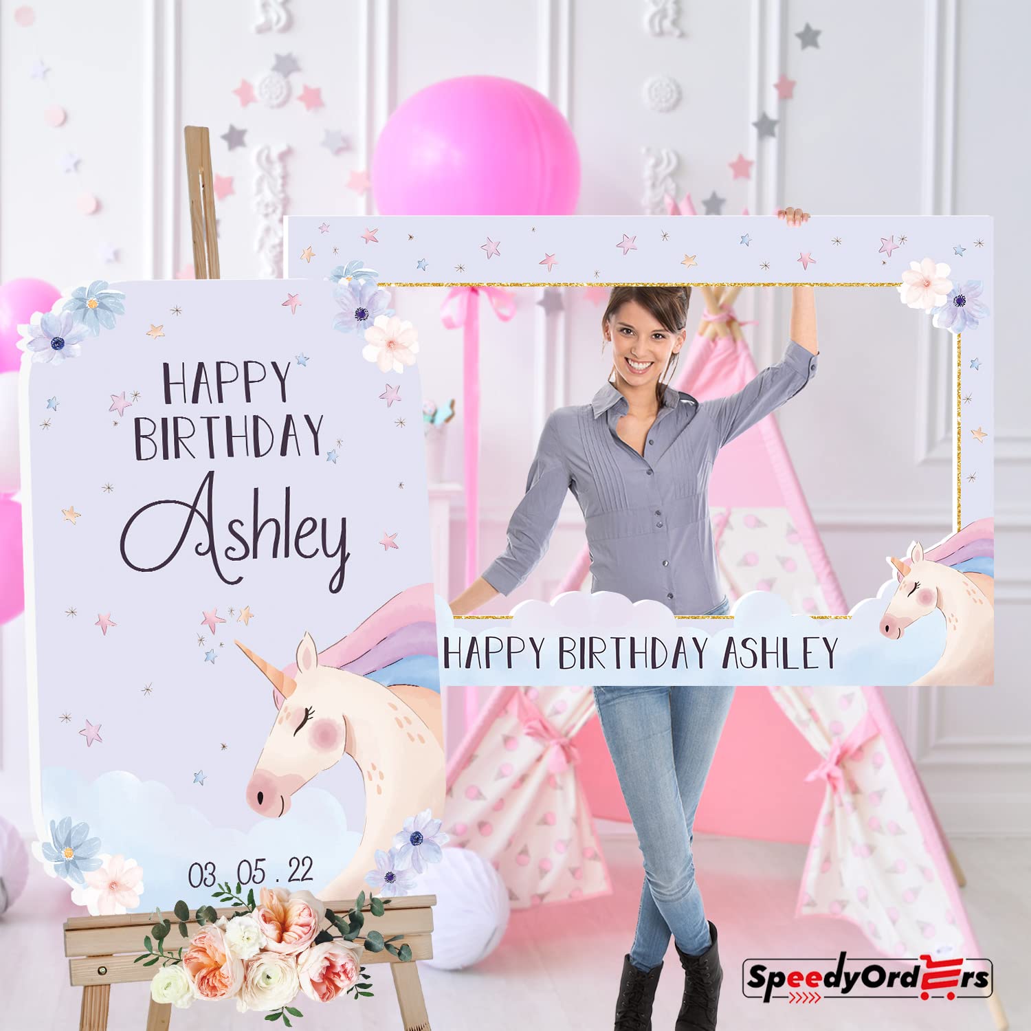 Personalized Unicorn Birthday Party Sign & Photo Booth Frame Set - Custom Unicorn Party Decorations - PVC Board Welcome Sign & Favors for Girls' Birthday, Baby Shower & Theme Parties