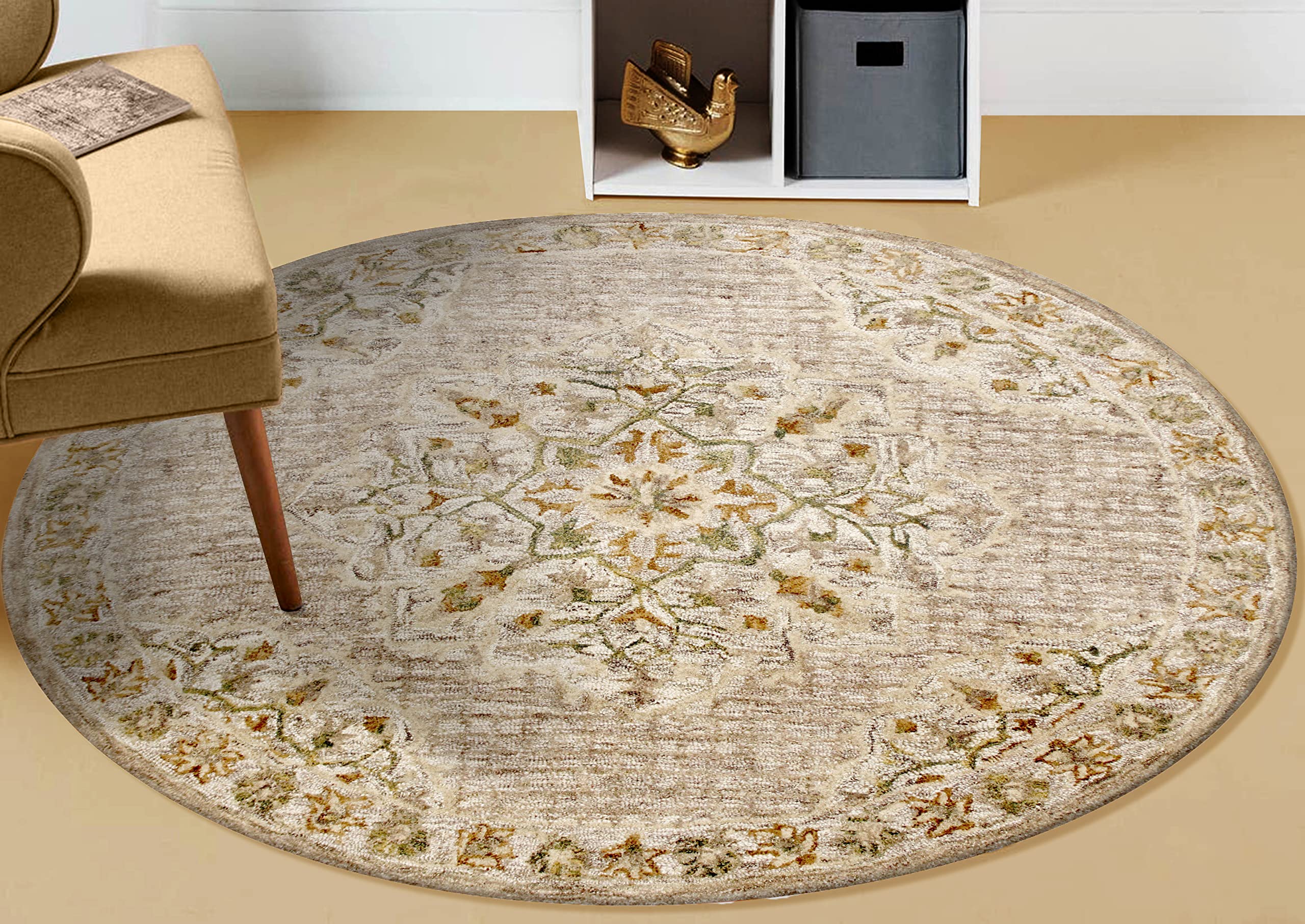 LR Home 4ft Round Natural Wool Area Rug - Hand Tufted Modern Farmhouse Boho Style for Bedroom, Living Room, Office | Beige/Cream Home Decor Carpet | Perfect for Entryway, Playroom & Cozy Spaces