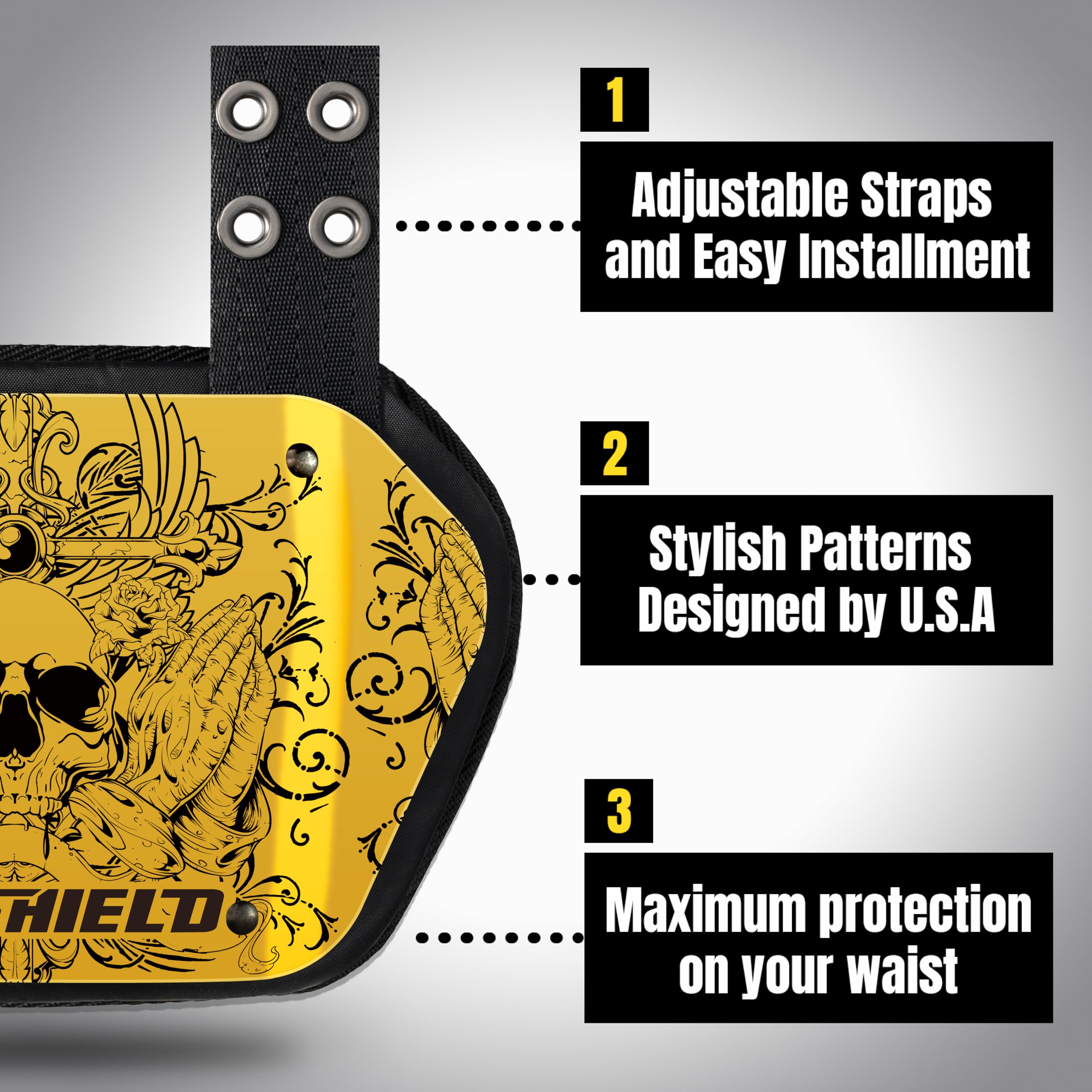 Football Back Plate - Lower Back Pads for Football Players, Rear Protector - Power Series (Power Skull, Angel & Demons, Seal Power) - Protective Gear for Tackling, Training & Games