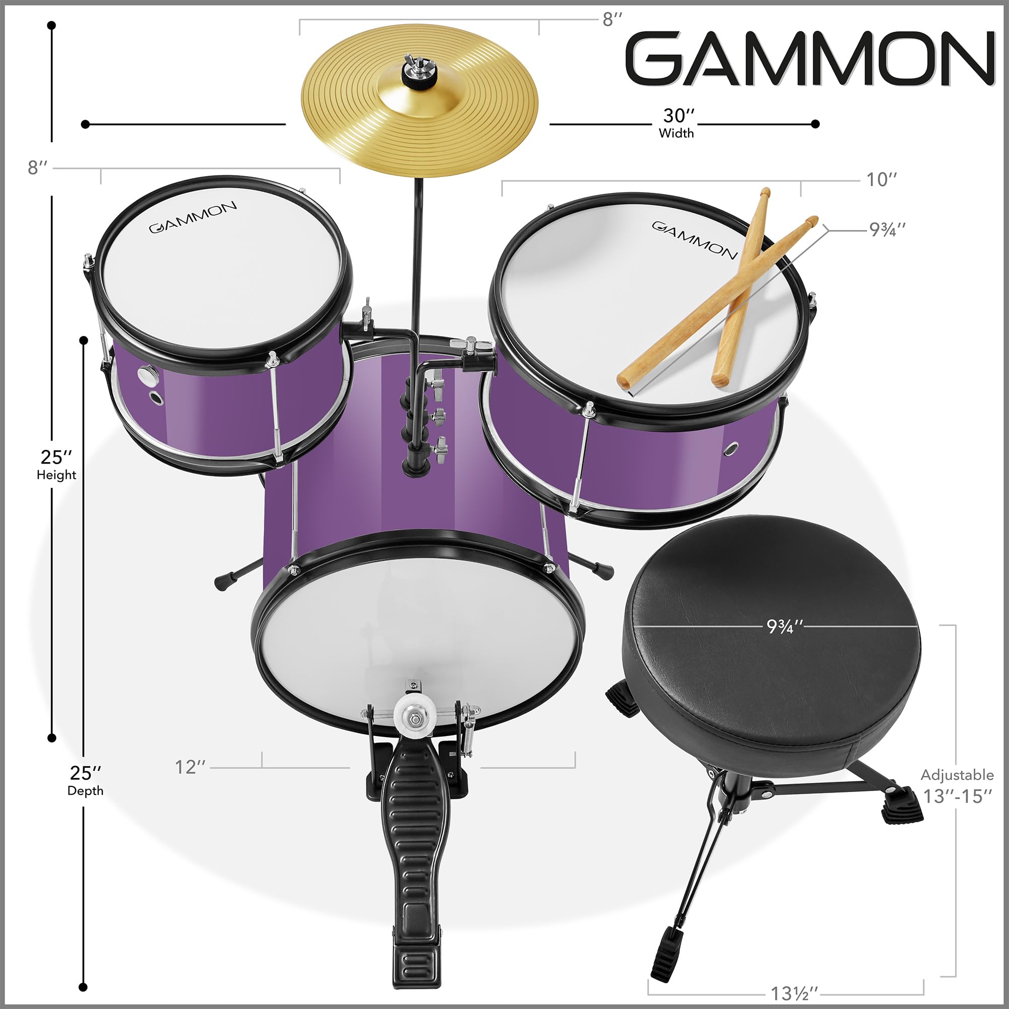 Gammon 3-Piece Junior Drum Set with Throne - Purple, Complete Beginner Drum Kit with Bass Drum, Toms, Cymbal, Pedal & Drumsticks | Perfect for Kids, Teens & First-Time Drummers | Home Practice, Music Lessons & Live Performances