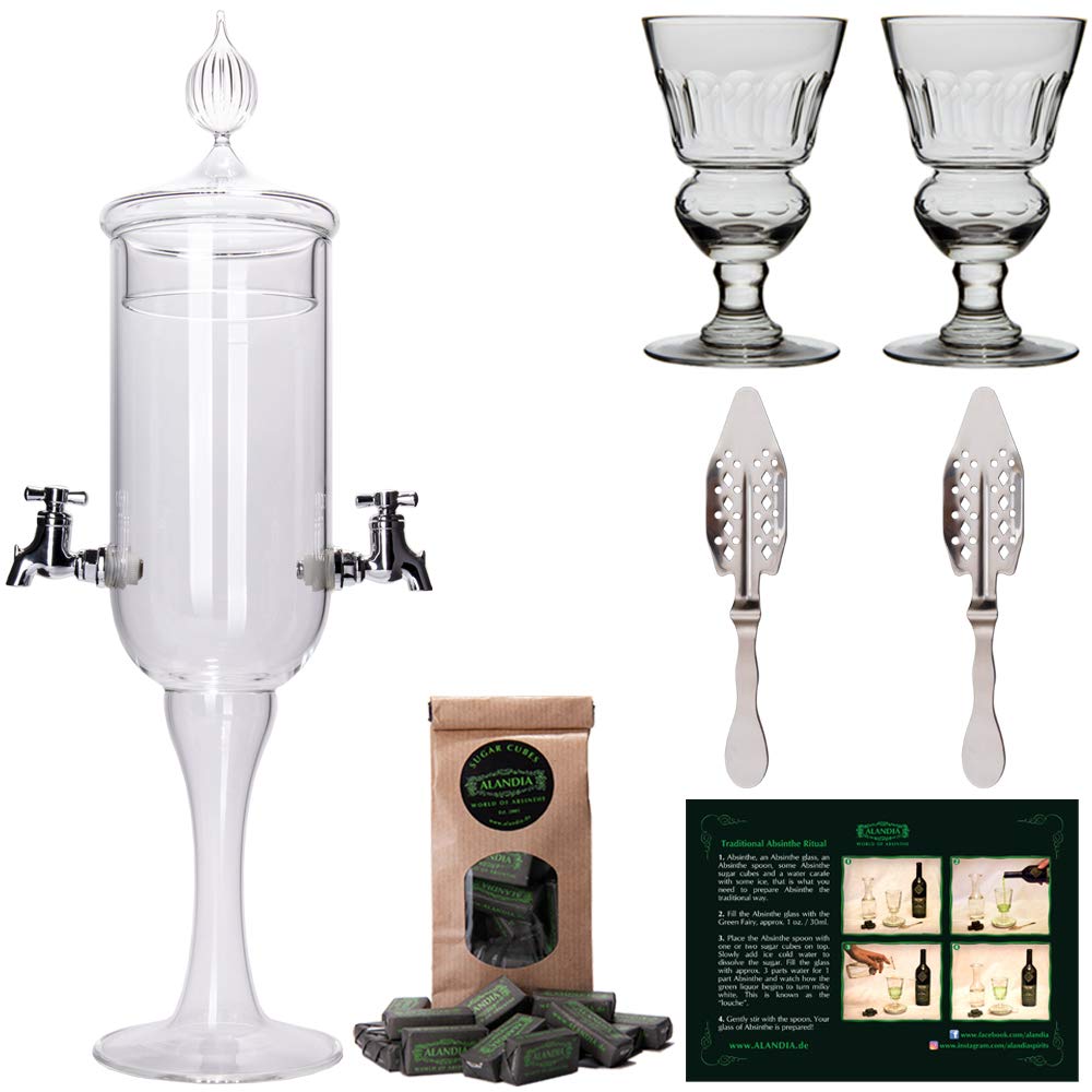 Premium Absinthe Fountain Set with 1 Glass Fountain, 2 Glasses, 2 Spoons & Sugar Cubes | Traditional Absinthe Dripper Kit for Home Bar, Cocktail Party & Gift for Liquor Enthusiasts | Perfect for Lounges, Speakeasies & Bohemian Gatherings