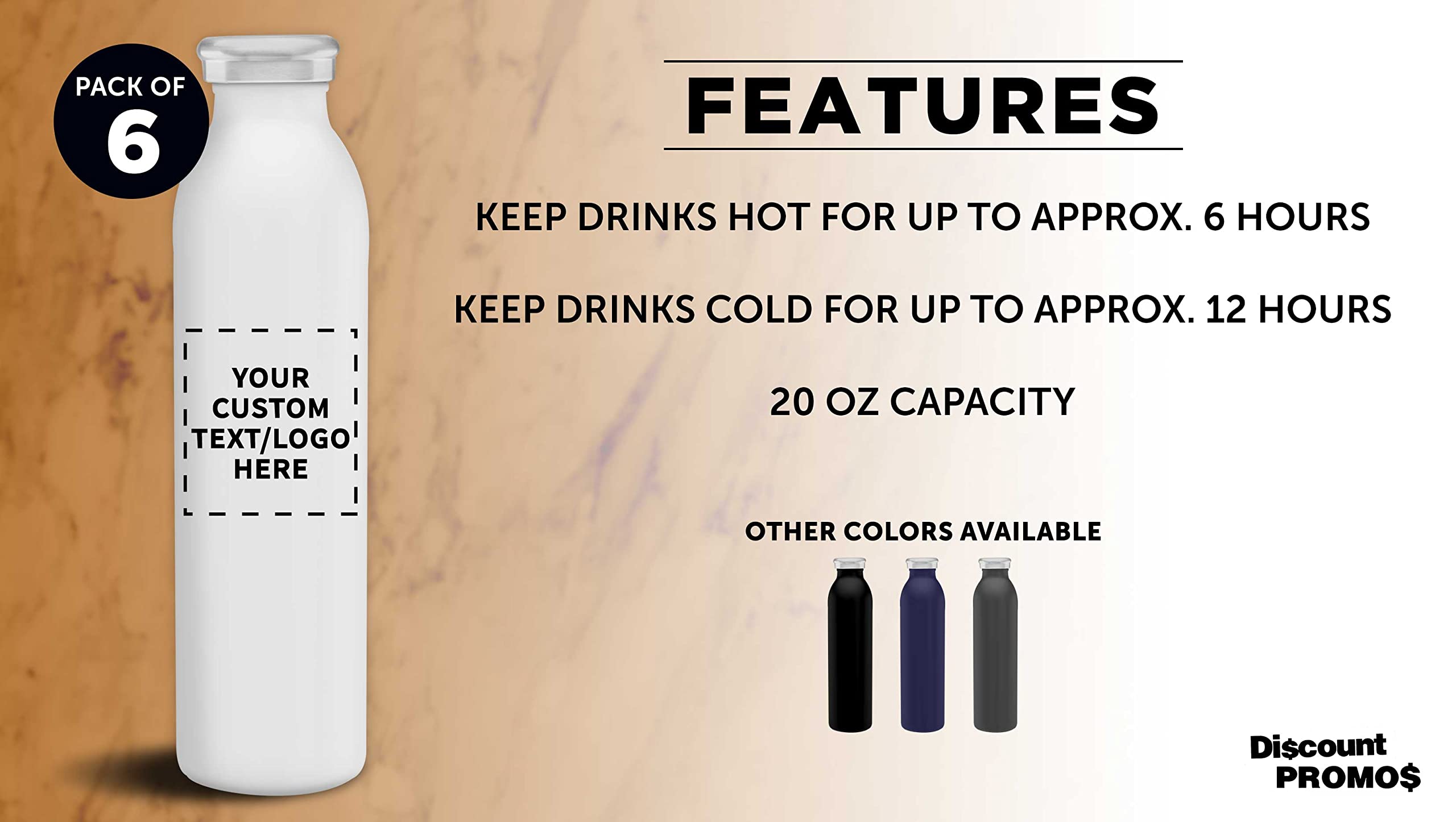 Custom Stainless Steel Water Bottles 20oz (Set of 6) - Double Wall Insulated, Personalized Bulk Pack - Keeps Hot & Cold Beverages Perfect - Ideal for Office, Gym, Travel, Camping & Outdoor Activities - White
