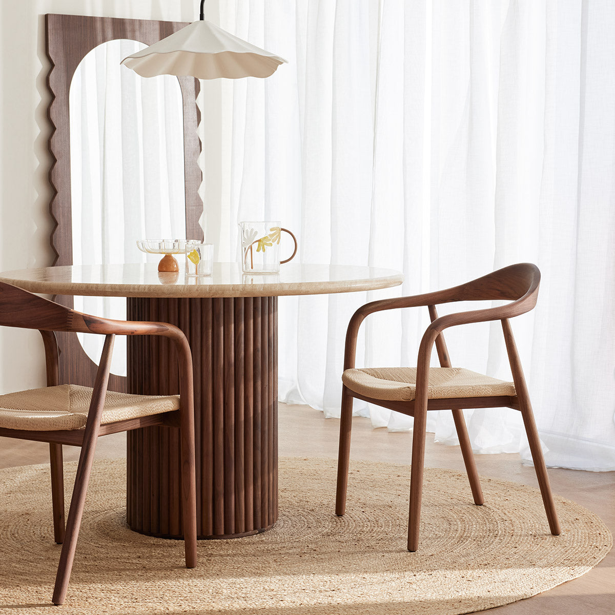 Cosmos Walnut & Travertine Dining Table - 150cm Modern Round Wooden Table for Kitchen, Dining Room & Small Spaces - Perfect for Family Gatherings & Dinner Parties