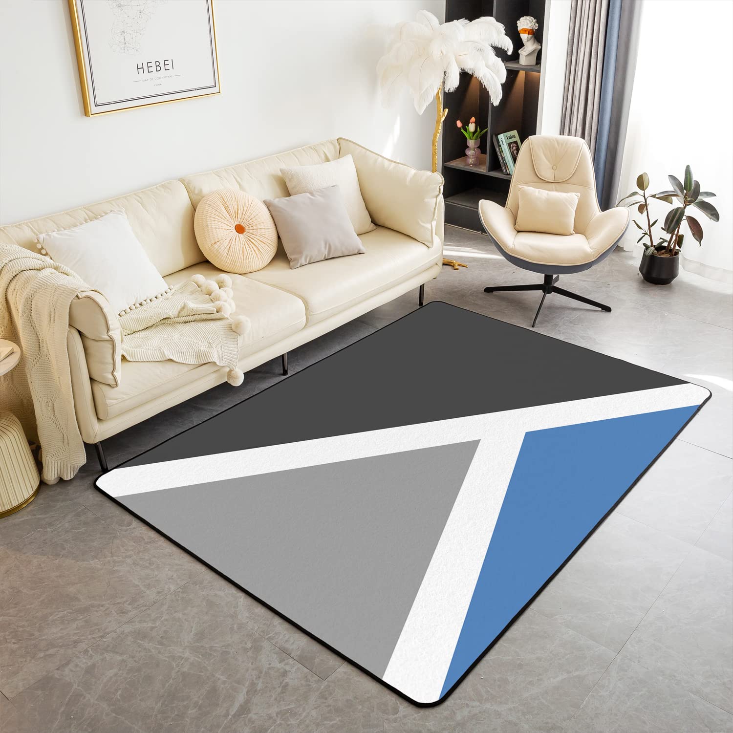 Modern Geometric Abstract Area Rug 5'x7' - Grey Blue Stripe Triangle Pattern Non-Slip Carpet for Kids, Women & Men - Perfect for Living Room, Bedroom Decor & Floor Mat Accent