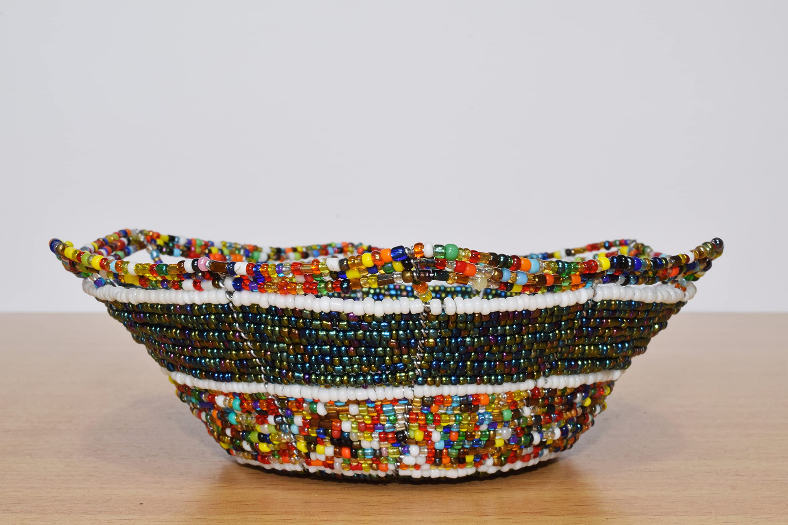 Handmade African Beaded Wire Bowl - Authentic Maasai Jewelry Tray - 6 Inch Kenyan Artisan Craft - Metallic Green Home Decor for Jewelry Storage & Boho Table Centerpiece