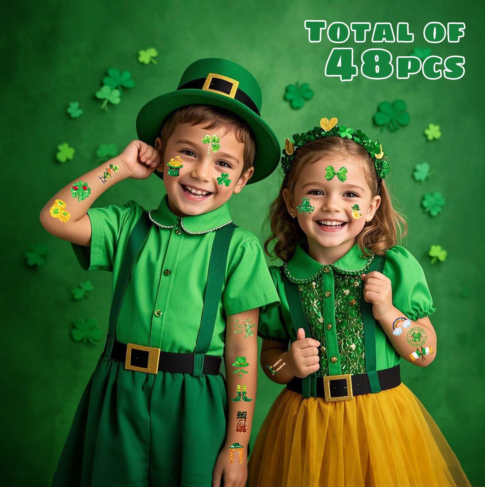 48Pcs St Patrick's Day Temporary Tattoos & Stickers - Shamrock, Green Glitter Face Tattoos for Irish Party Decorations - Perfect for St Patrick's Day Celebrations, Parades, and Irish-Themed Events