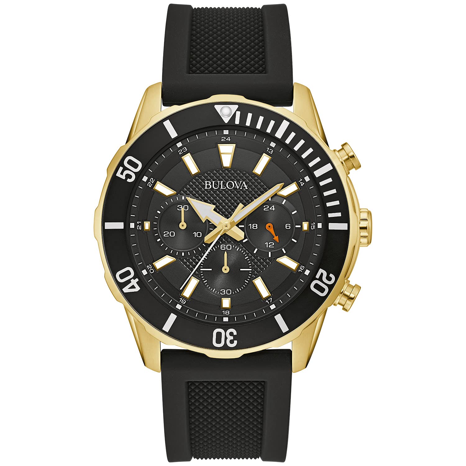 Bulova Men's Sport Chronograph Quartz Watch - 44mm Silicone Strap, 24-Hour Time, Date Calendar, Luminous Hands, 100M Water Resistant for Swimming & Diving | Perfect for Outdoor Activities, Gym Workouts & Everyday Wear