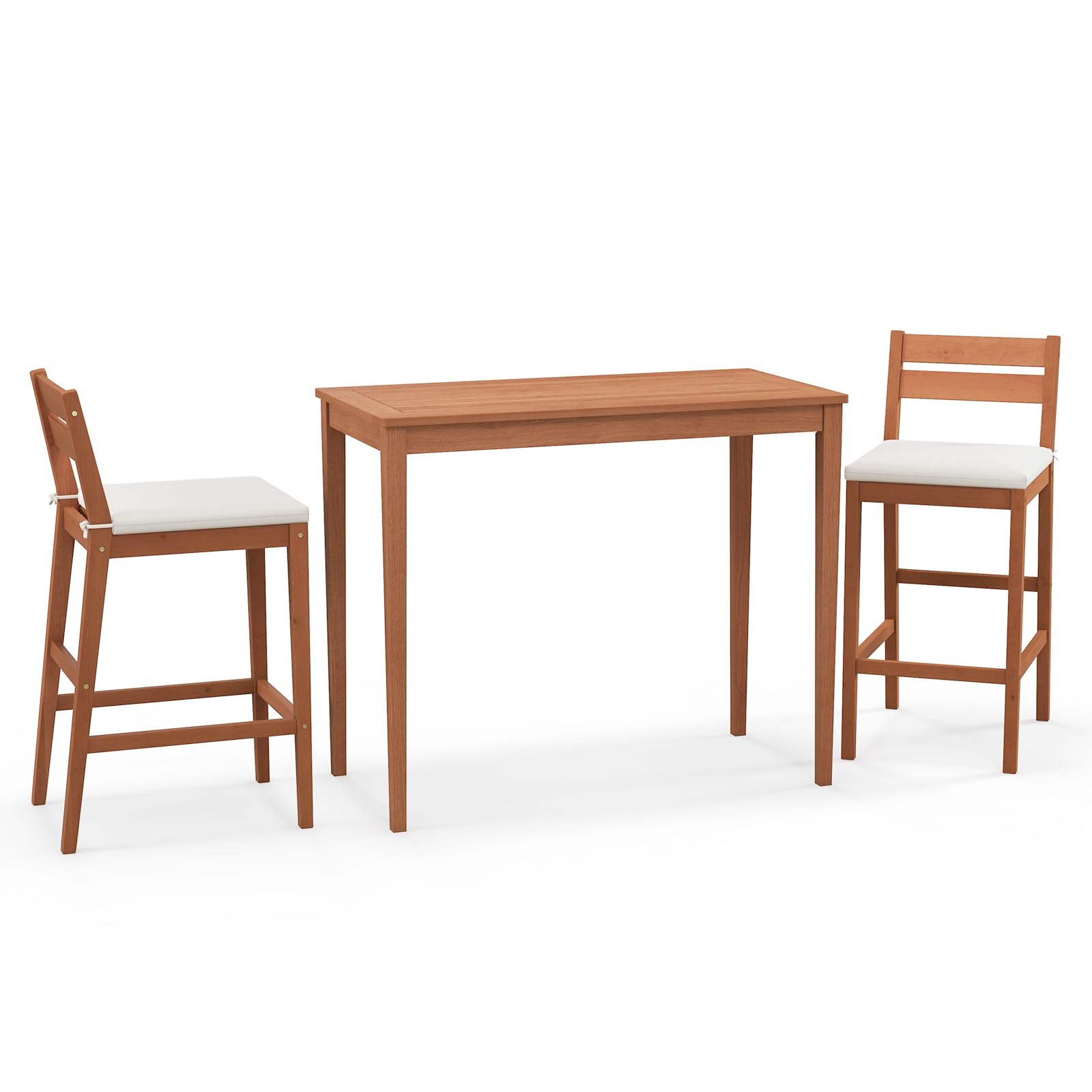 Tangkula 3-Piece Patio Bar Set - Eucalyptus Wood Outdoor Bar Table & Chairs with Cushions - Bistro Pub Dining Set for Garden, Yard, Poolside - Weather-Resistant & Durable - Perfect for Outdoor Entertaining & Relaxation