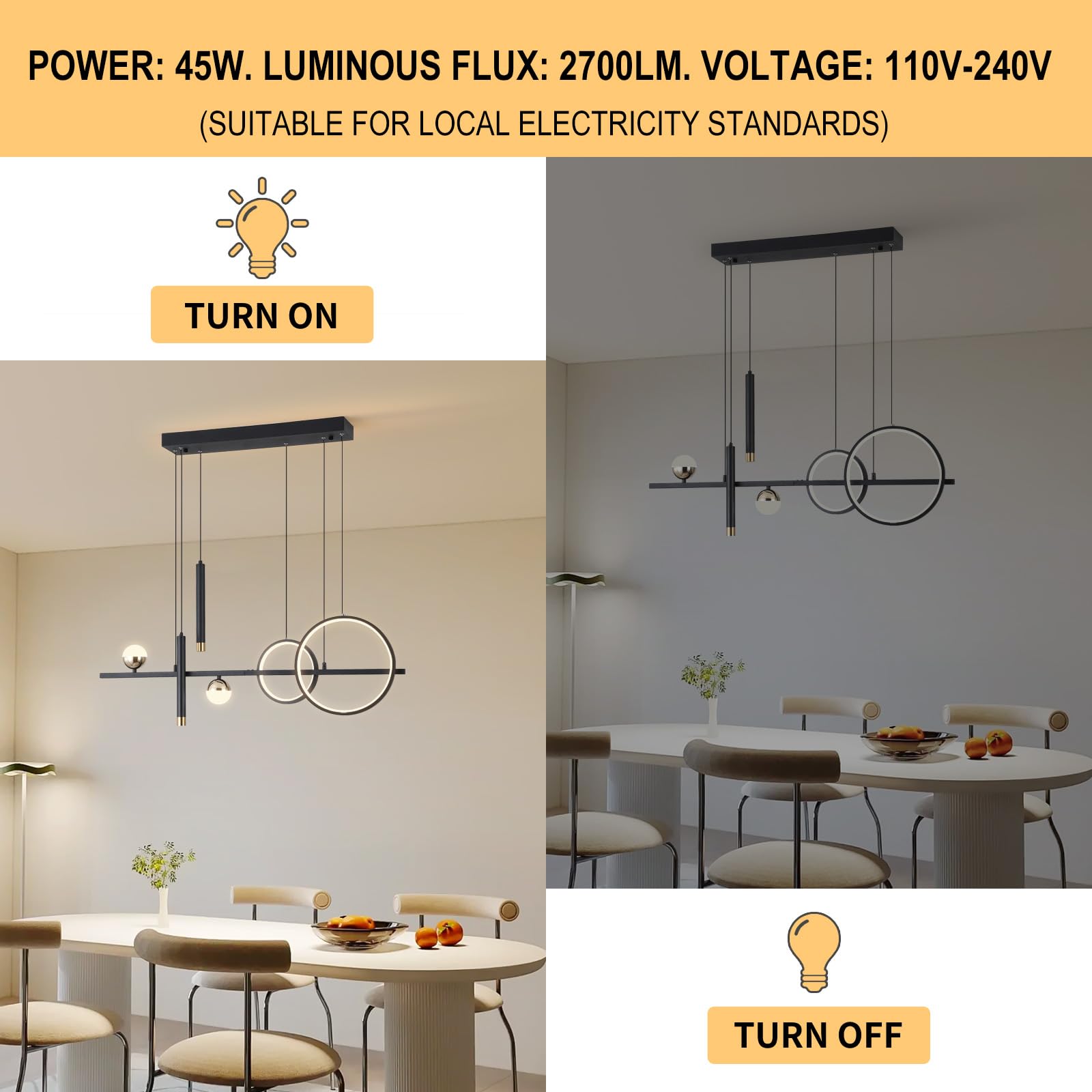 Modern LED Chandelier for Dining Room - Dimmable Black Gold Kitchen Island Pendant Light, Linear Ring Globe Ceiling Fixture | Perfect for Contemporary Home Decor, Restaurant Lighting & Open Concept Spaces