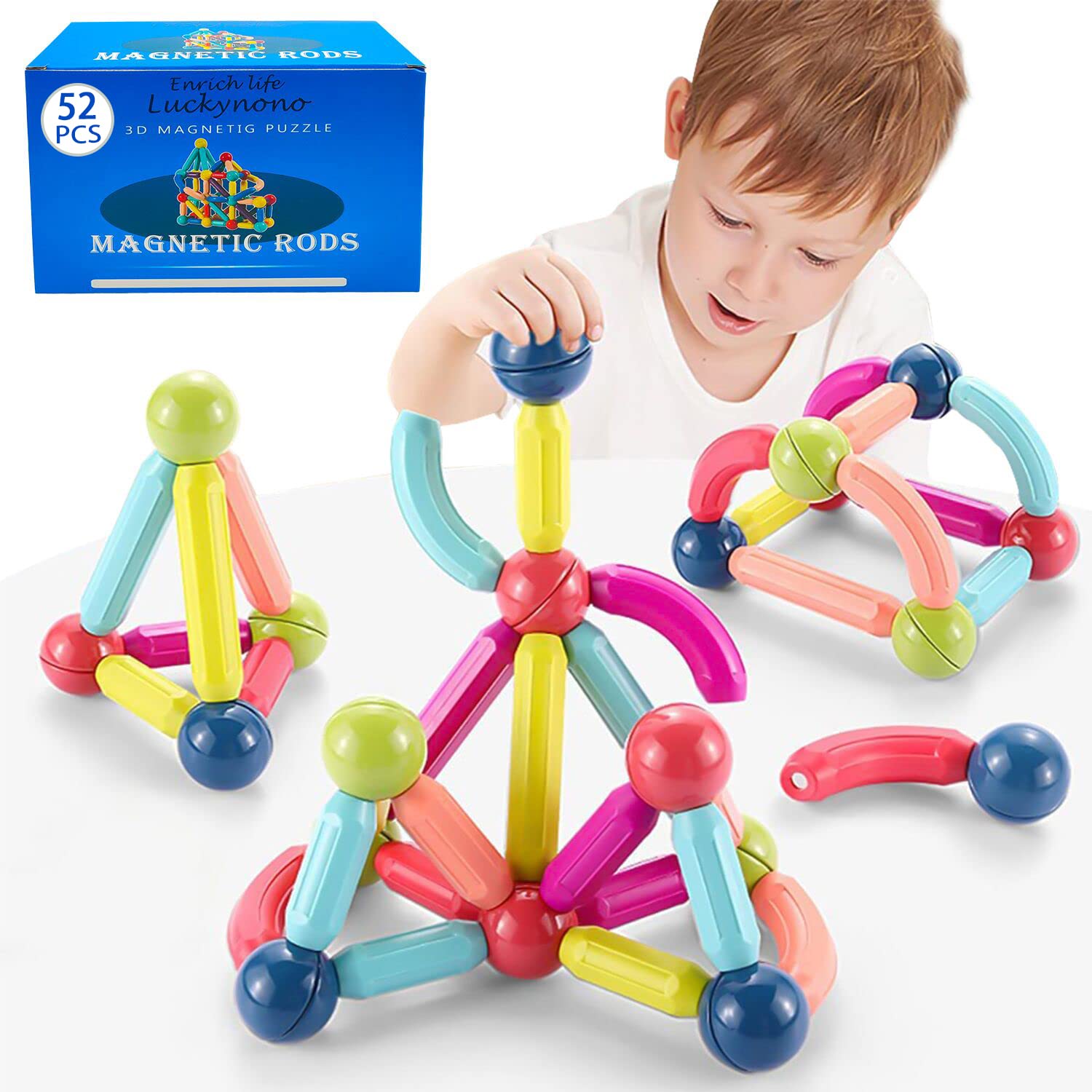 Luckynono Magnetic Ball Set - 52pcs STEM Educational Building Blocks Toys for Kids, Magic Ball & Wand, Colorful Stacking Toys for Creative Play - Perfect for Classroom, Home Learning & Birthday Gifts