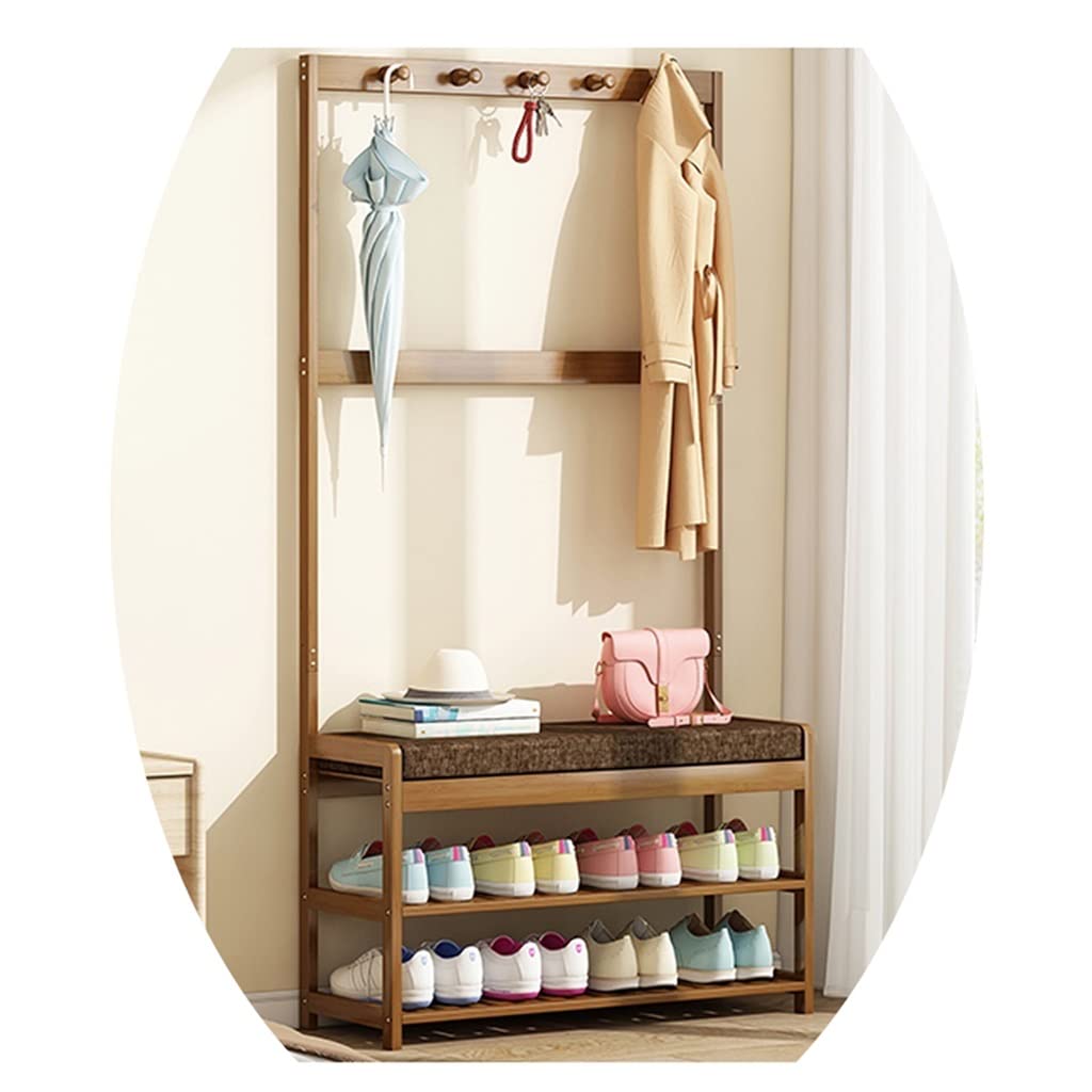 GXFWJD 4-in-1 Wooden Coat Rack & Shoe Bench - Freestanding Entryway Hall Tree with 2-Tier Storage Shelf & Hanger Hooks - Easy Assembly (80x27x148cm, Wood Color) - Perfect for Small Spaces, Apartments, and Entryway Organization