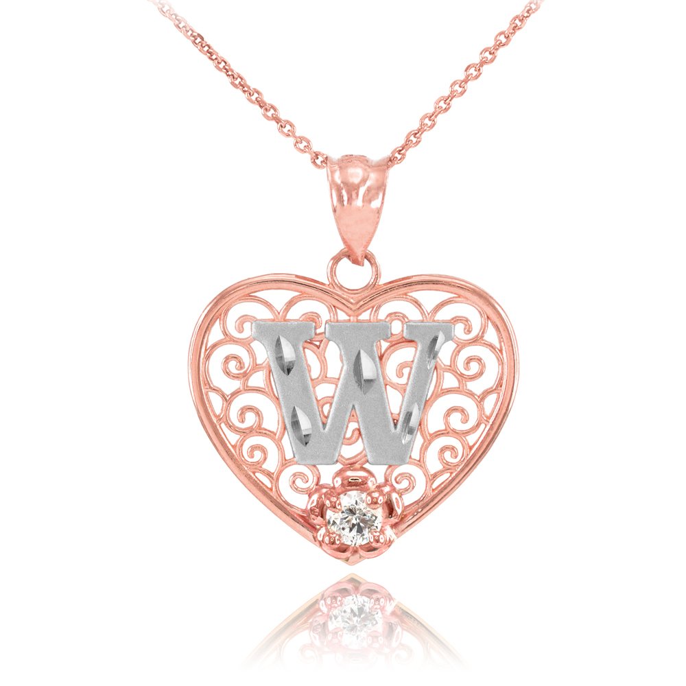 14K Two-Tone White and Rose Gold Filigree Heart Pendant Necklace with CZ Flower Initial Letter Charm - 16