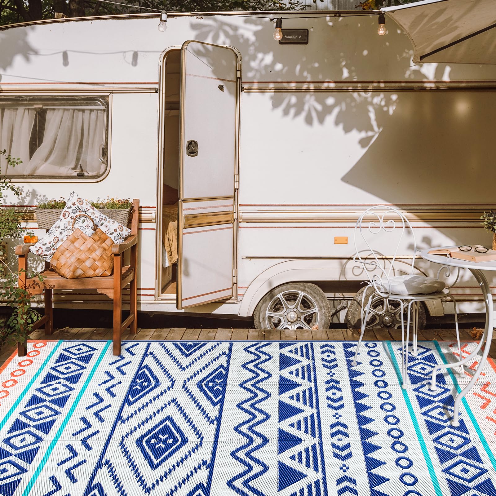 6'x9' Waterproof Outdoor Patio Rug - Durable Plastic Straw Camping Carpet for RV, Porch, Deck & Balcony | All-Weather, UV Resistant | Perfect for Camping, Backyard, Picnic & Outdoor Gatherings (Blue/Red)
