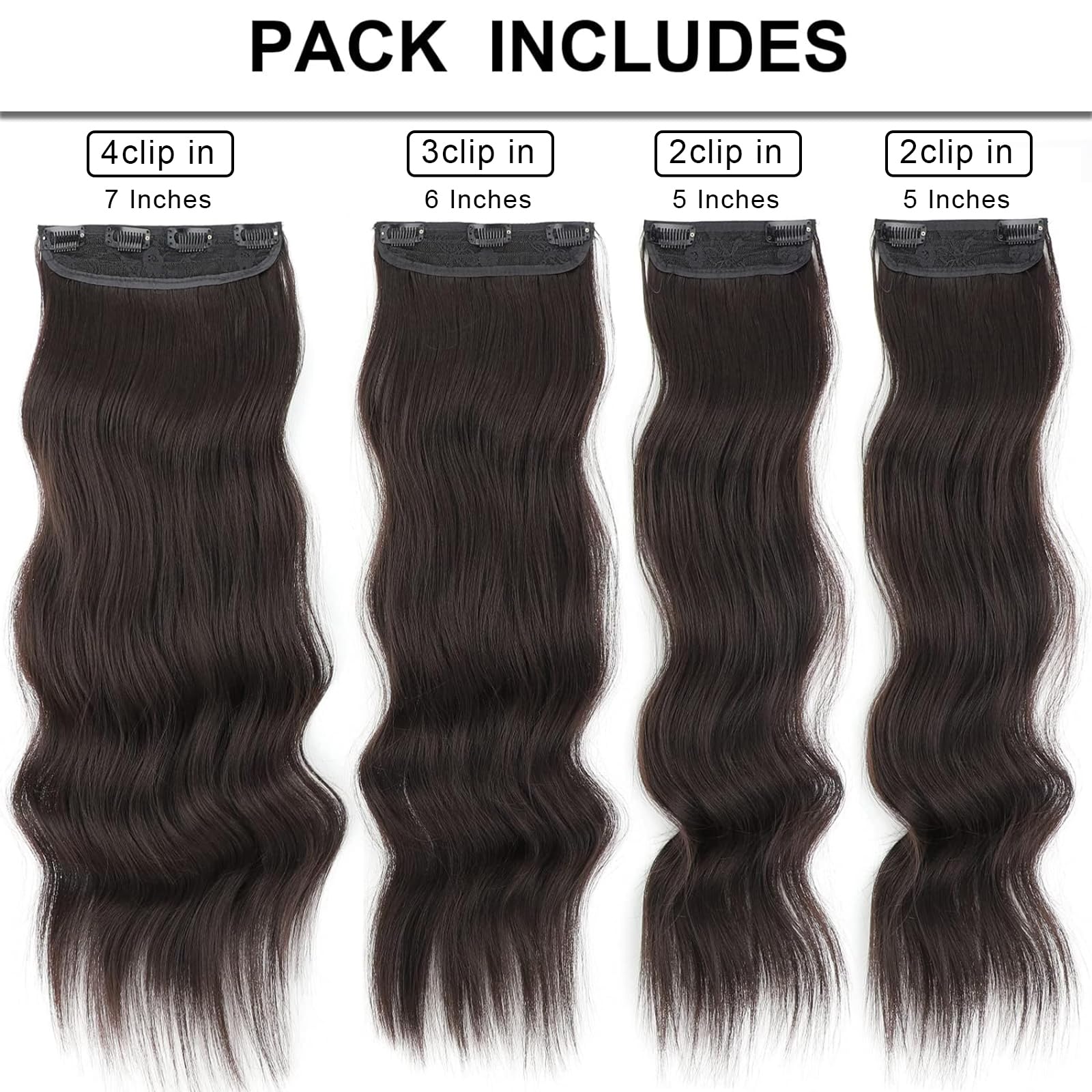 Vigorous Dark Brown Clip-In Hair Extensions 24 Inch Long - 4Pcs Thick Wavy Synthetic Hairpieces for Women | Perfect for Parties, Weddings & Everyday Styling