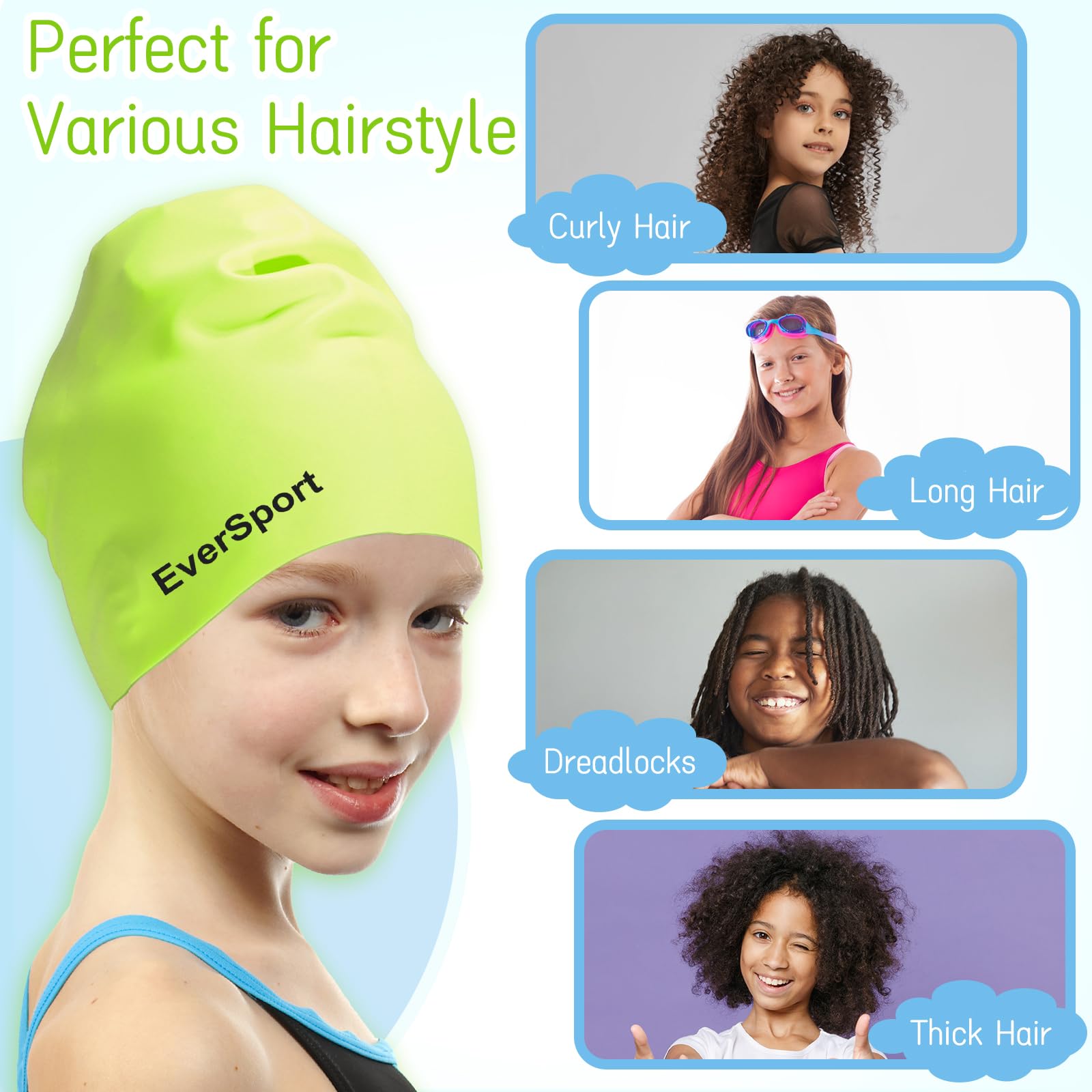 EverSport Kids Swim Cap for Girls 6-14 Years - Large Silicone Swimming Cap for Long Hair & Braids - Keeps Hair Dry - Perfect for Pool, Beach & Swim Lessons