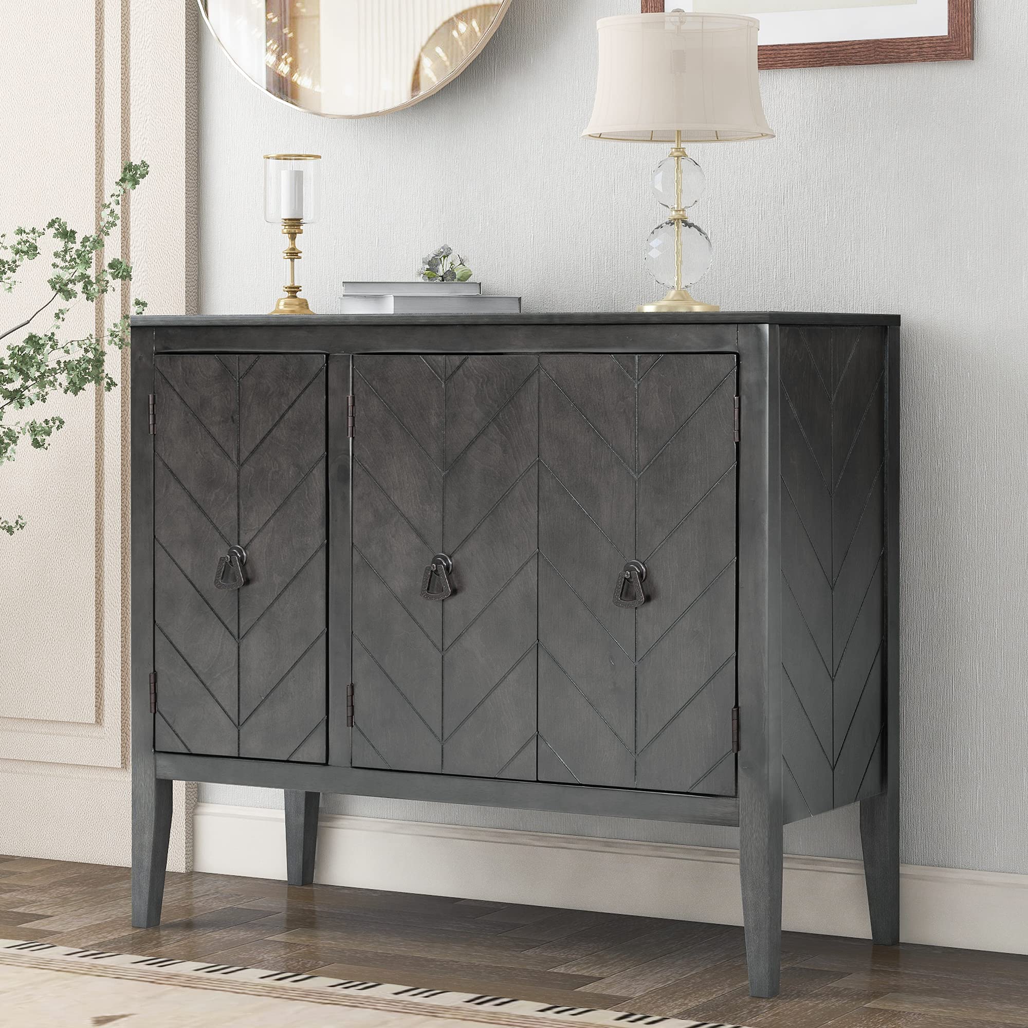 Antique Grey Wooden Storage Sideboard Cabinet with Adjustable Shelf & 3 Doors - Entryway Buffet Console Table for Hallway, Living Room, Bedroom - Perfect for Home Decor, Storage & Display