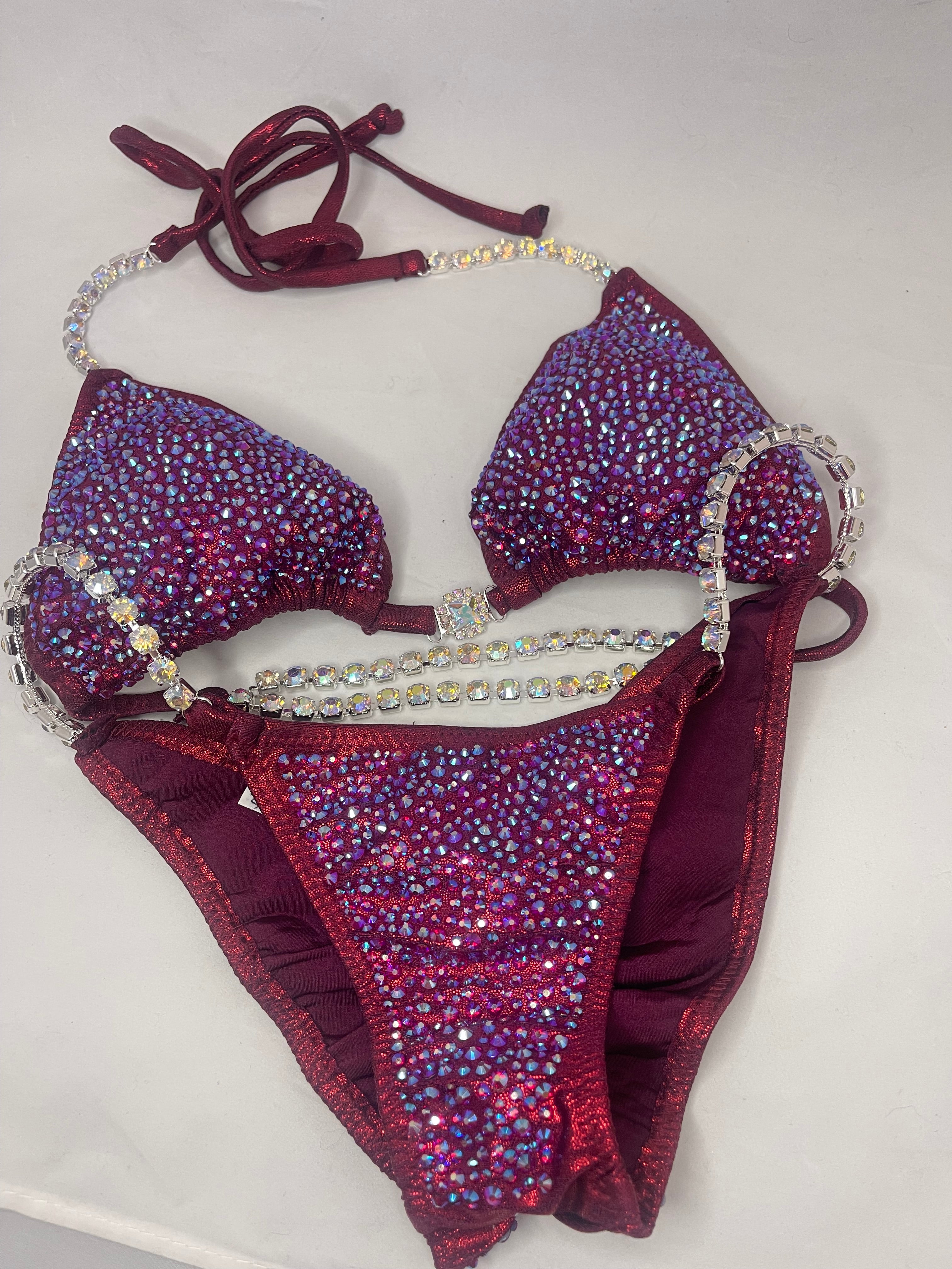 Burgundy Dark Red Maroon Bikini with Multi-Colored Rhinestone Design | Shimmering Swimsuit for Beach, Pool Party & Vacation | Statement Women's Swimwear
