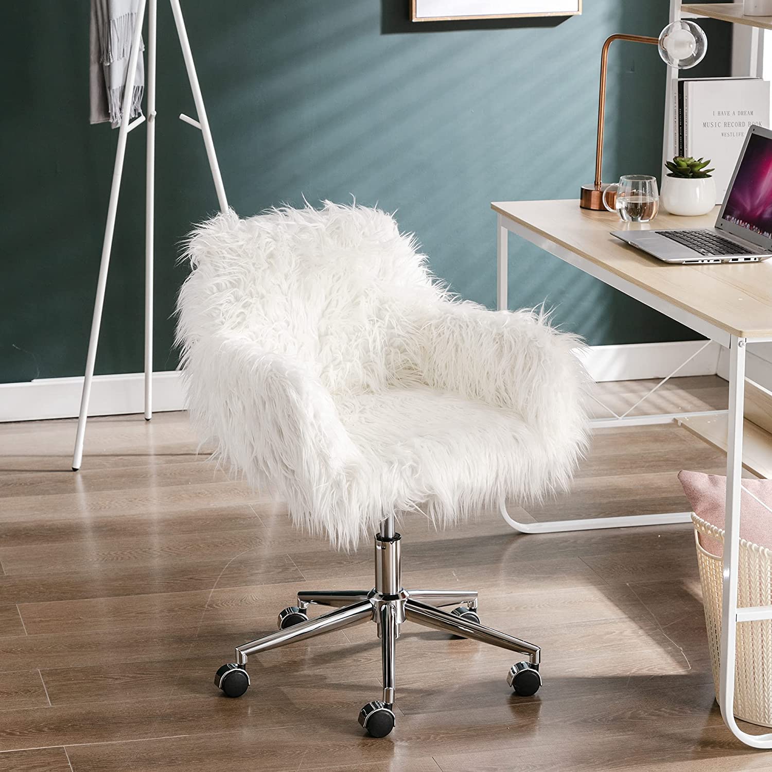 Luxury Faux Fur Vanity Chair with Rolling Wheels & Armrest - Modern Accent Chair for Women, Girls, Home Office, Living Room & Bedroom - Soft Furry Makeup Desk Chair in White (Perfect for Dressing Tables, Home Offices & Cozy Reading Nooks)