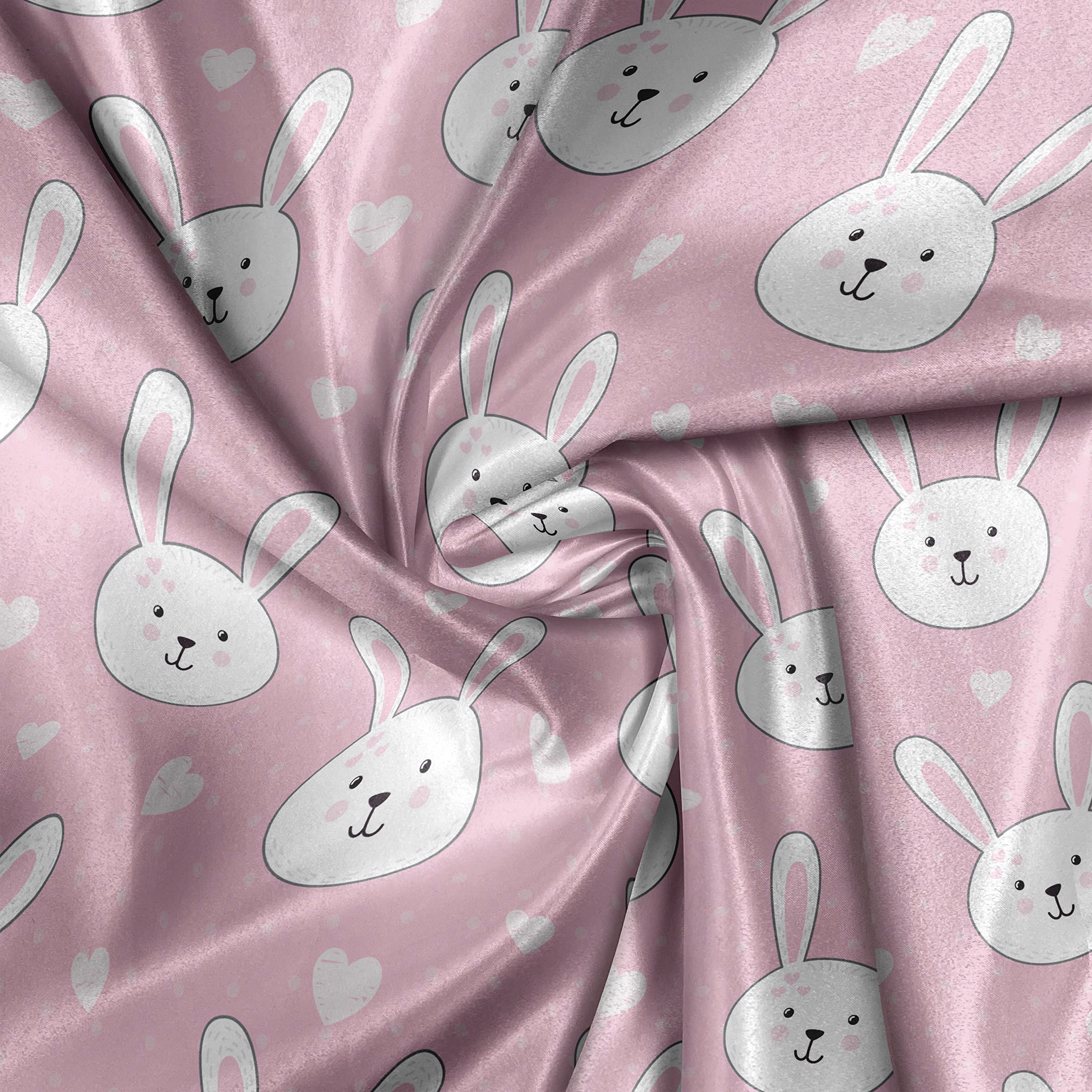 Lunarable Pale Pink Satin Fabric by The Yard - Easter Themed Cartoon Rabbits with Hearts & Dots Print - 10 Yards for Home Decor, DIY Crafts, Quilting & Sewing Projects (Pale Pink & White)